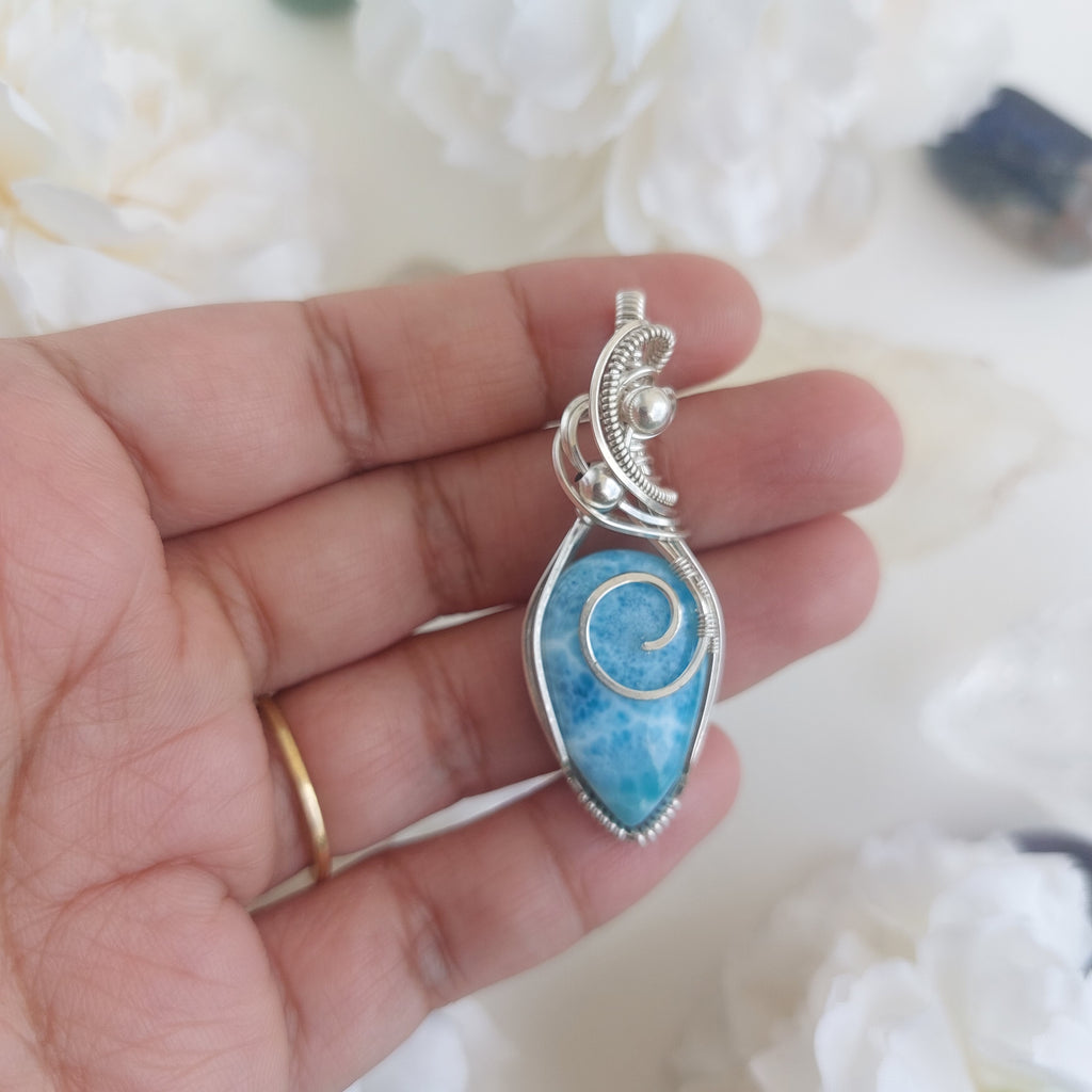 Larimar sterling silver wire wrapped handmade pendant