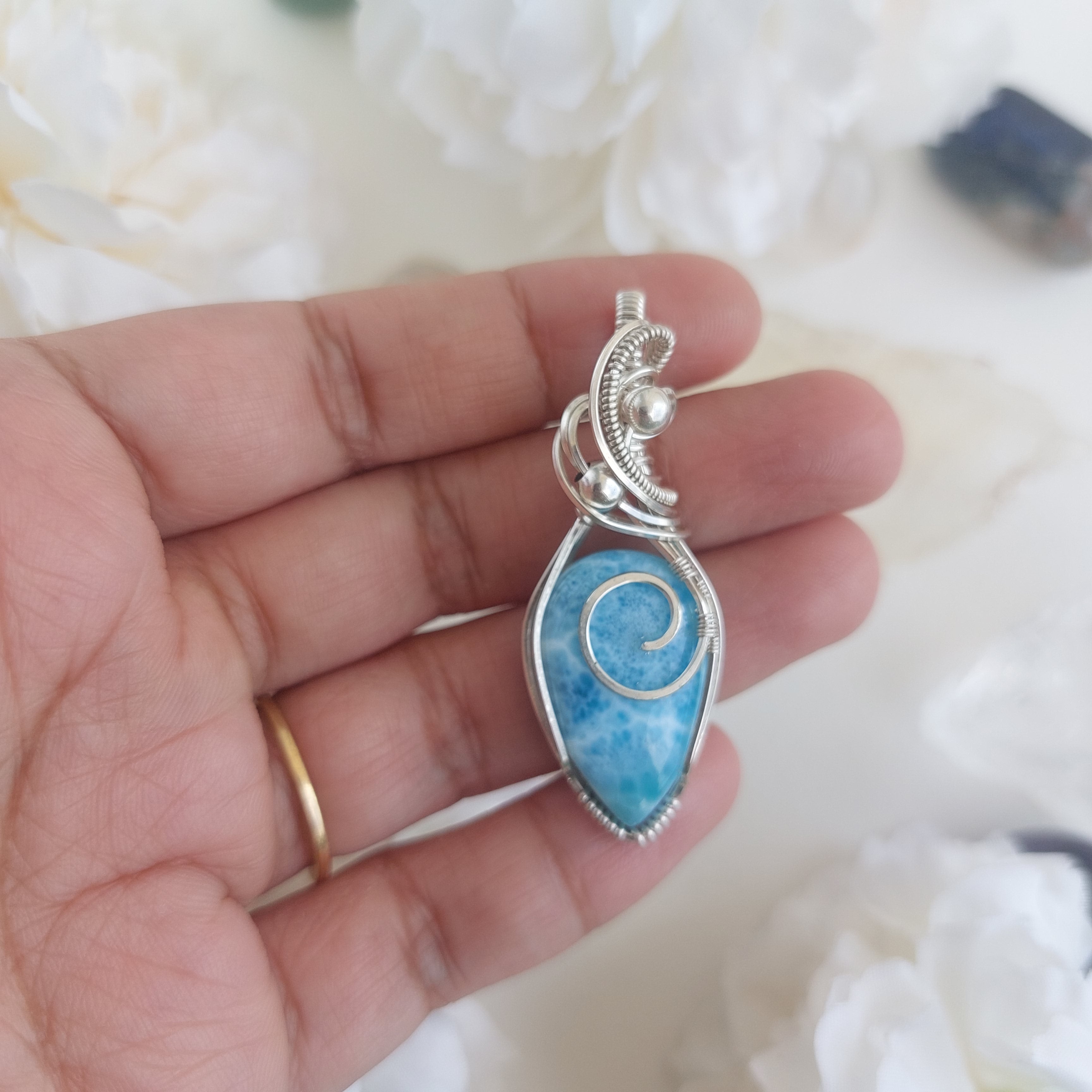 Larimar sterling silver wire wrapped handmade pendant