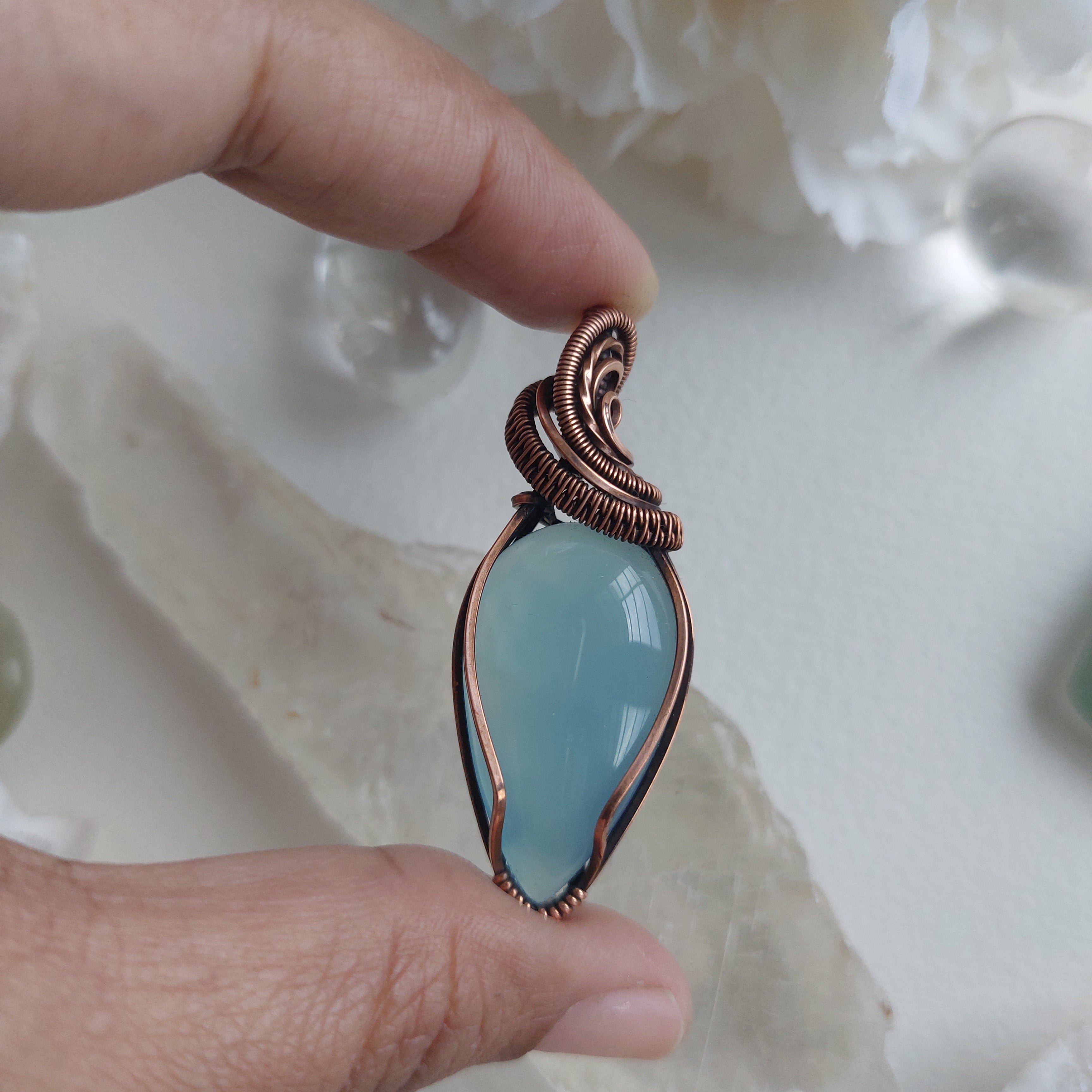 Blue Chalcedony Copper Pendant – Calming Crystal Necklace with Complimentary Cord