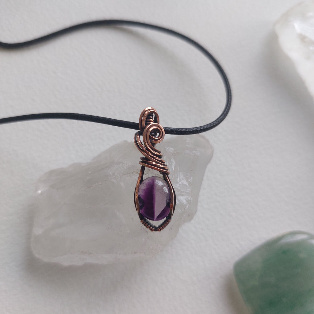 Mini Trapiche Amethyst Copper Wire Wrapped Pendant – Small Crystal Necklace for Calm, Clarity & Protection
