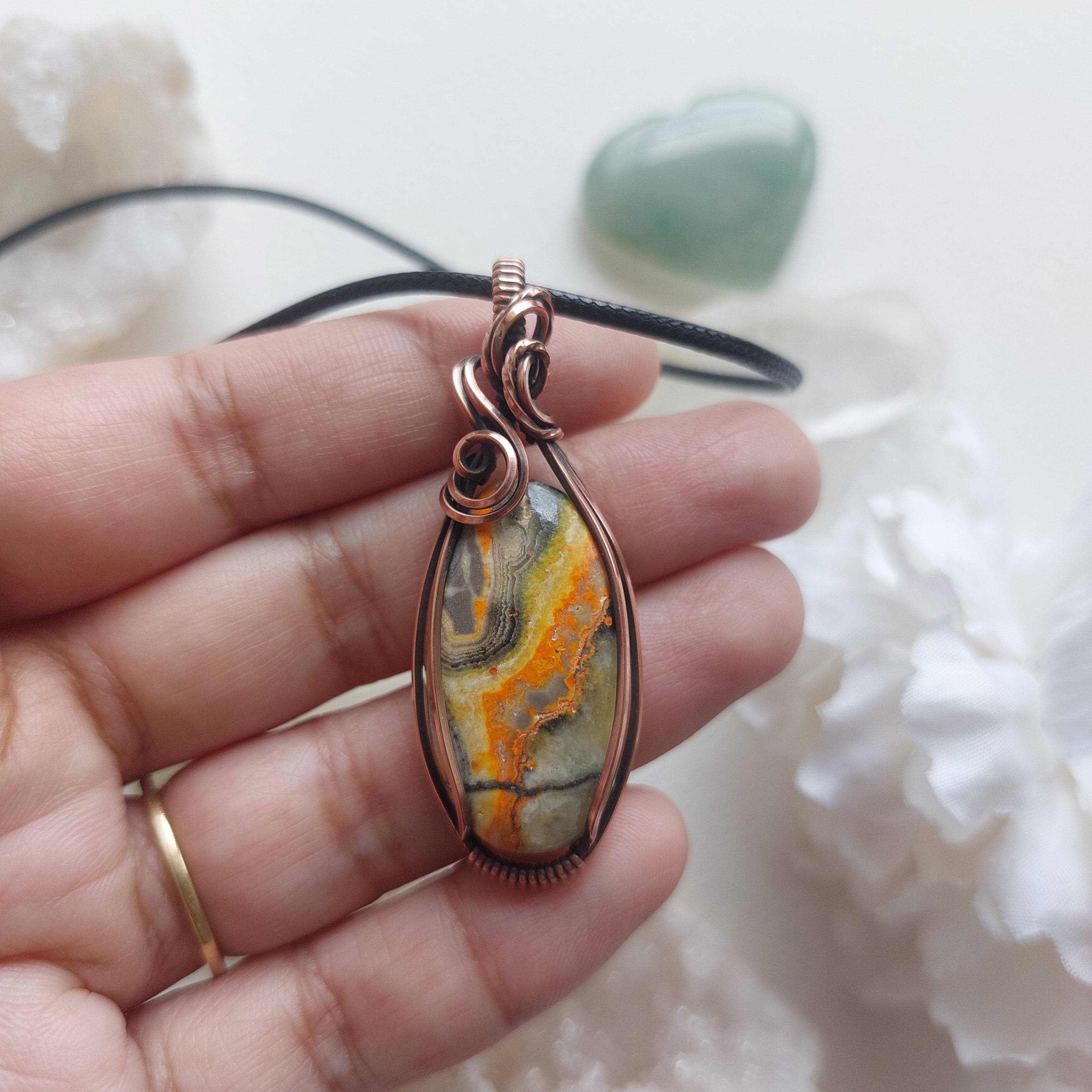 Bumblebee Jasper Copper Pendant – Handmade Bold Yellow Crystal Necklace for Energy & Positivity