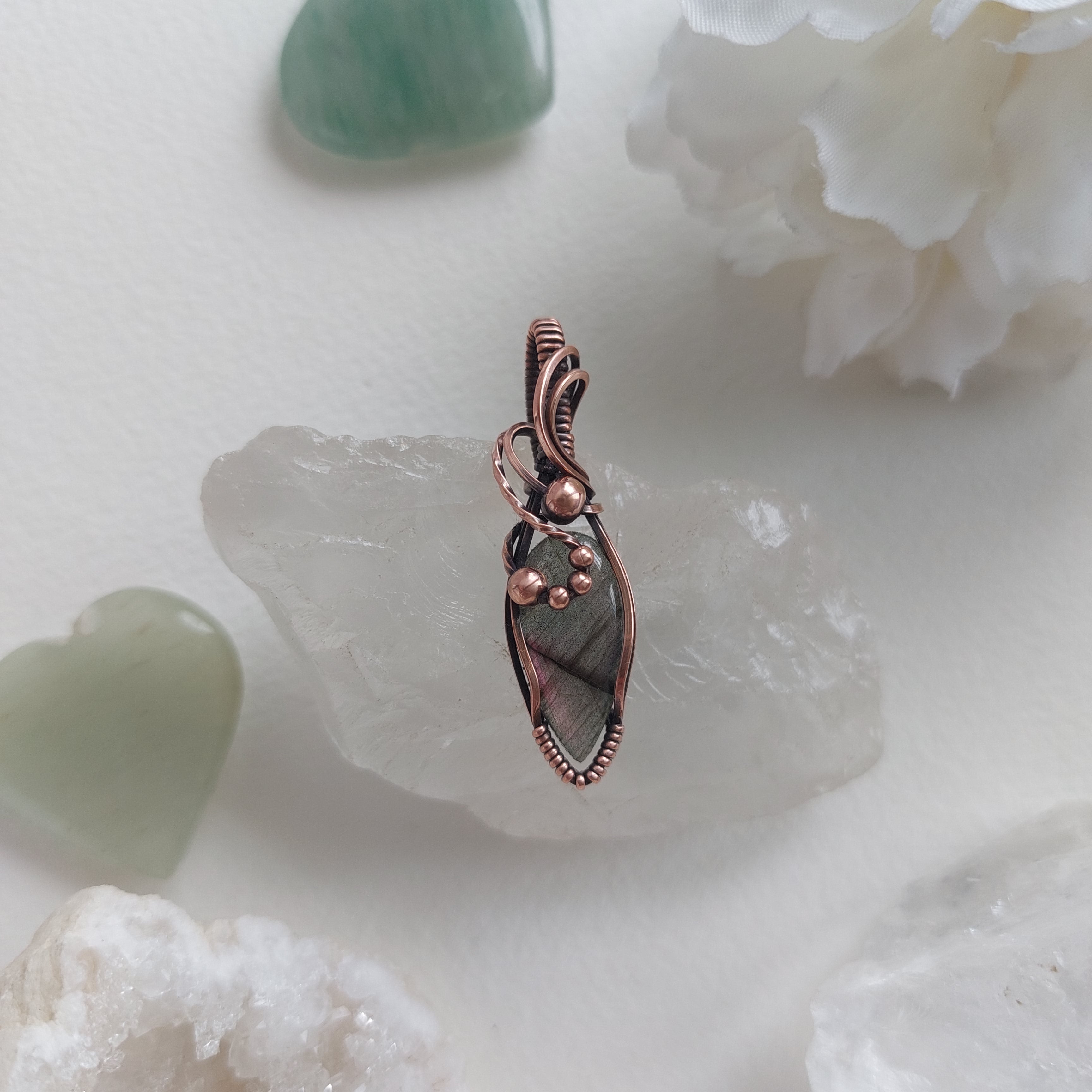 Purple Labradorite wire wrapped handmade copper gemstone mini pendant