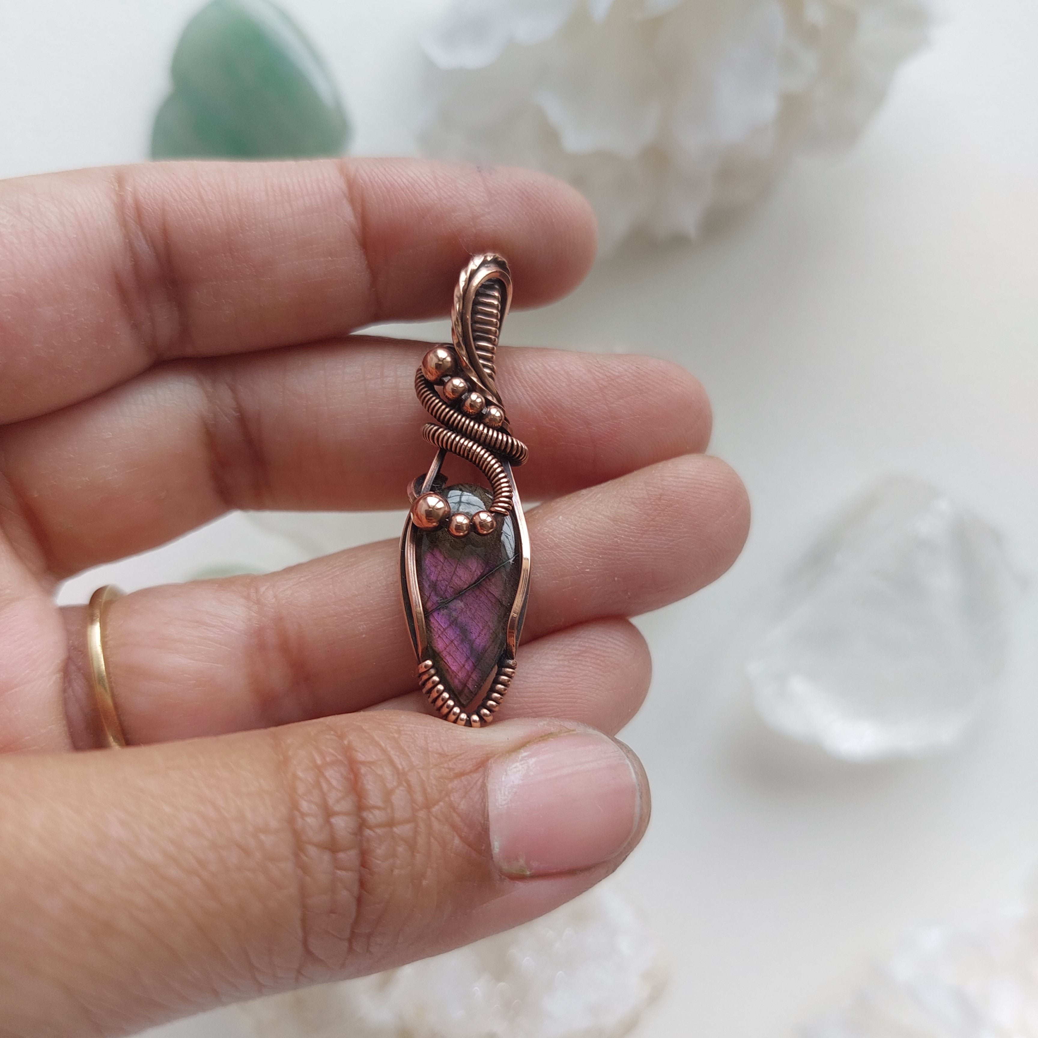 Purple Labradorite wire wrapped handmade copper mini pendant