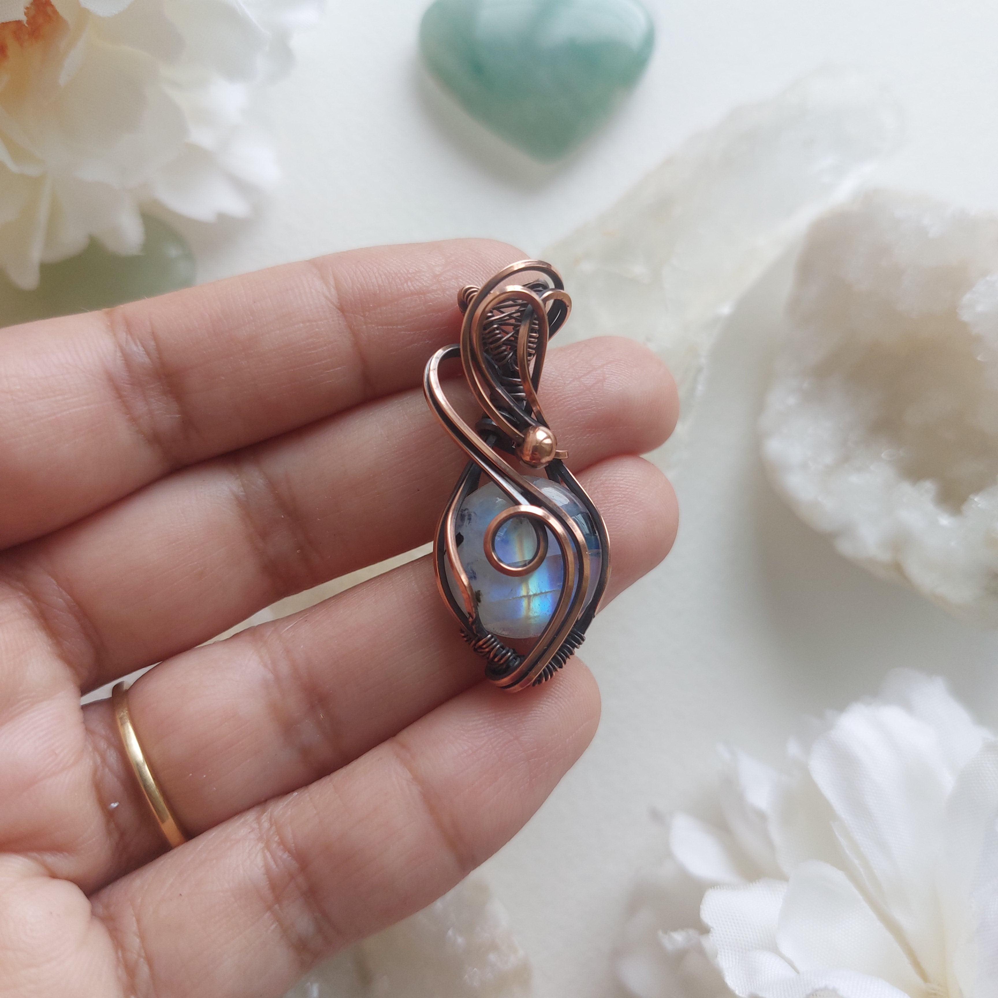 Rainbow Moonstone Copper Pendant – Handmade Wire Wrapped Crystal Jewelry