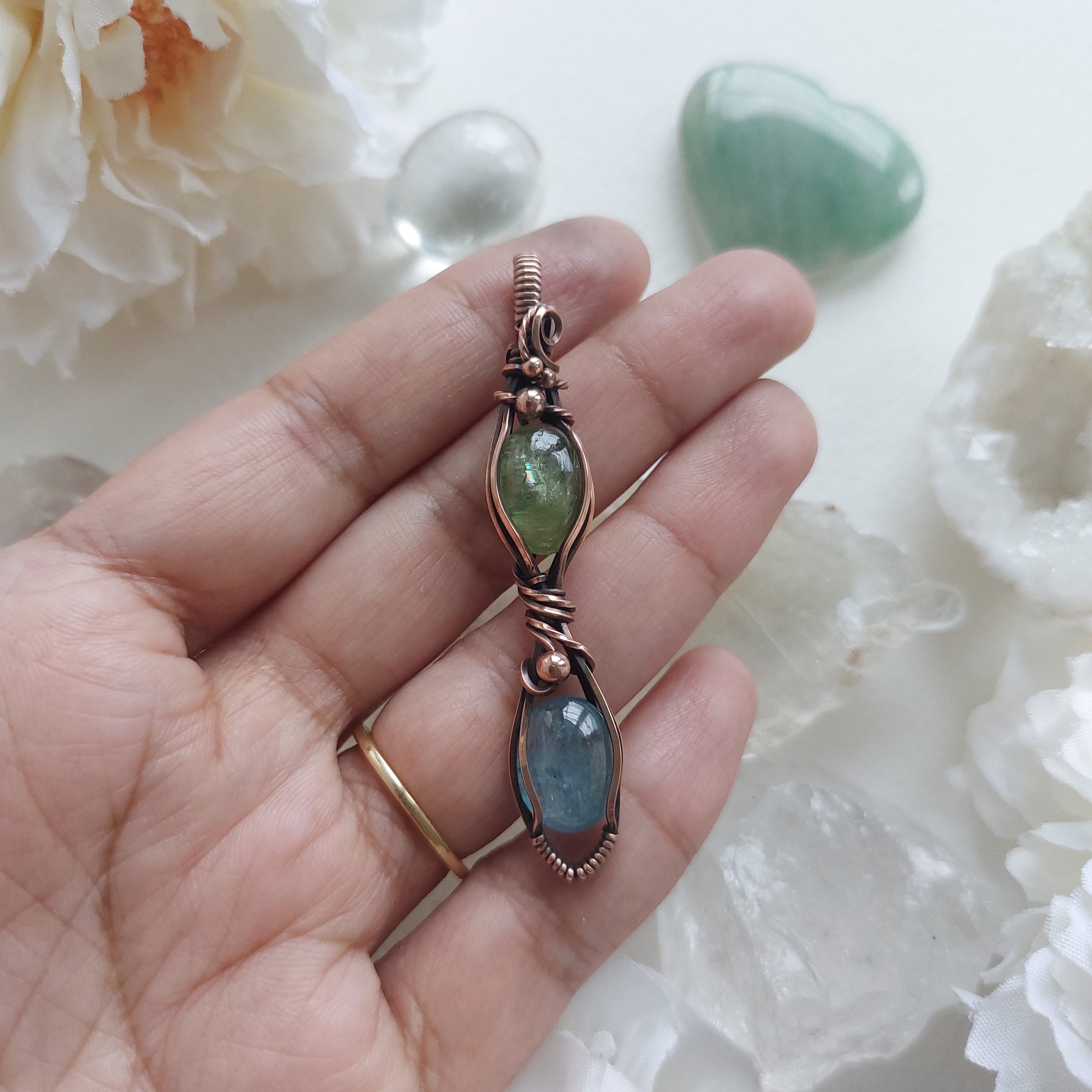 Green and Blue Kyanite Copper Pendant – Handmade Healing Crystal Necklace with Complimentary Cord