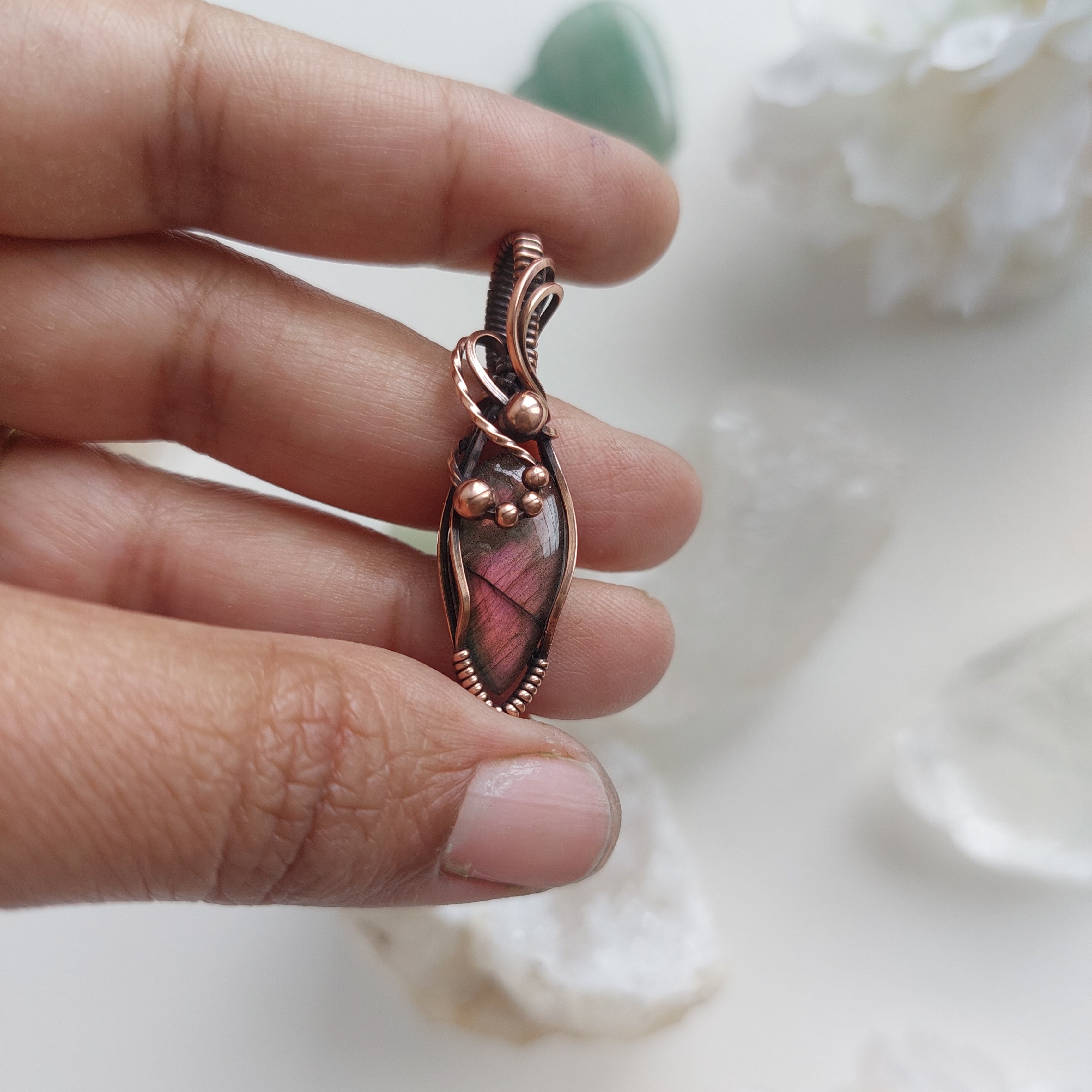 Purple Labradorite wire wrapped handmade copper gemstone mini pendant