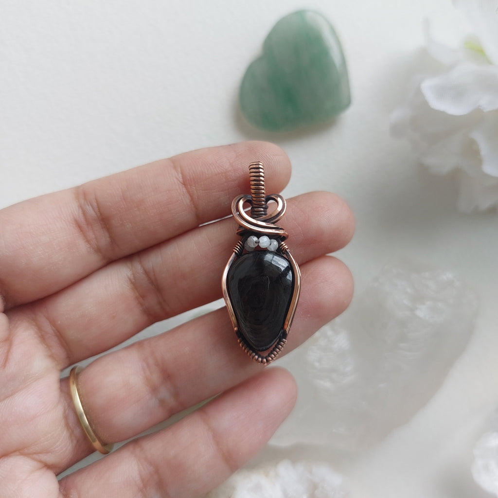 Hypersthene Pendant with Rainbow Moonstone Beads – Handmade Copper Wire Wrapped Jewelry
