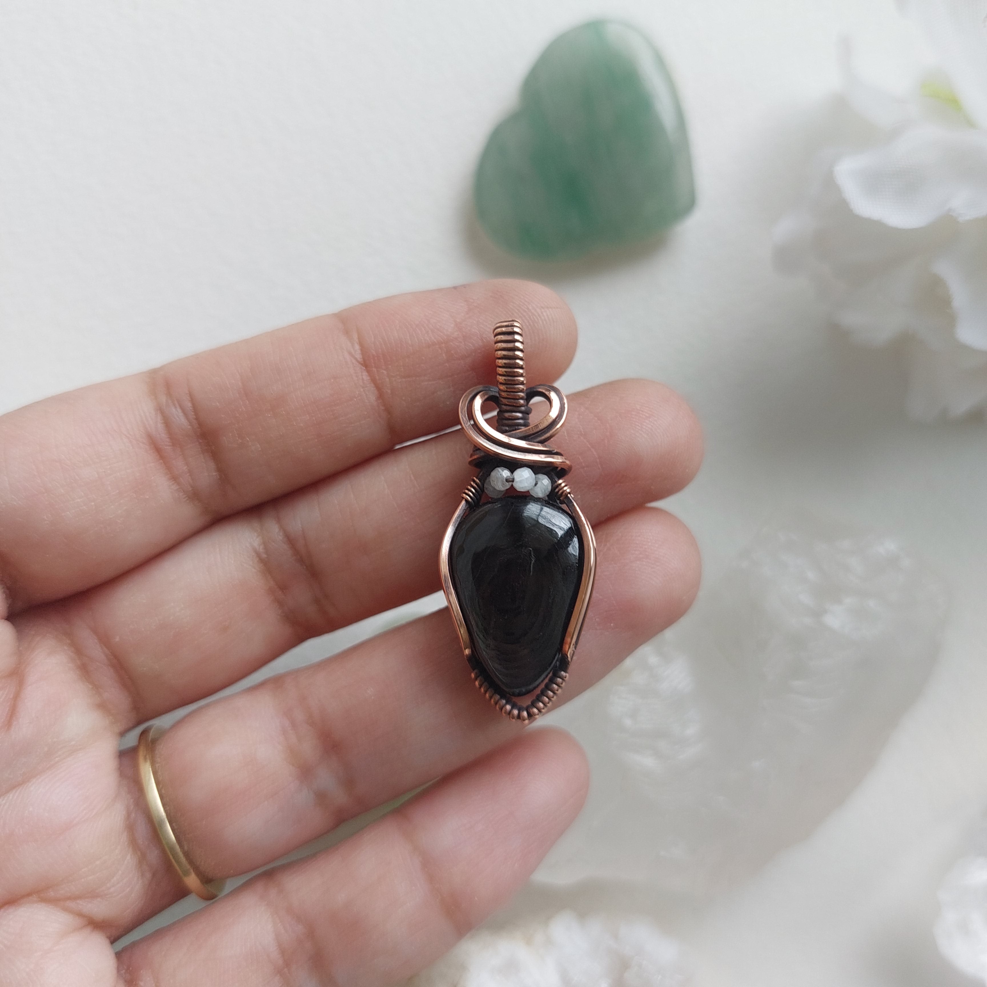 Hypersthene Pendant with Rainbow Moonstone Beads – Handmade Copper Wire Wrapped Jewelry