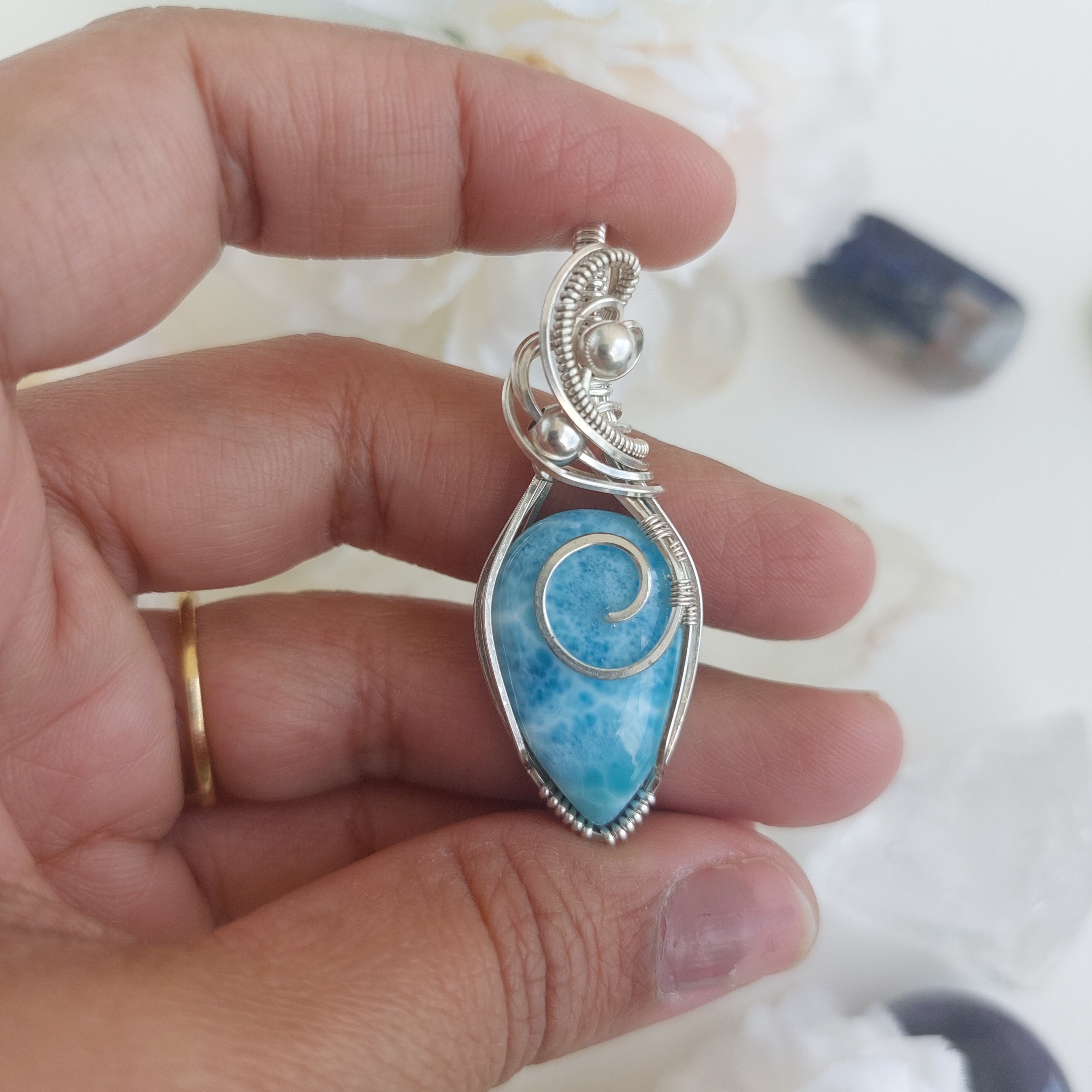 Larimar sterling silver wire wrapped handmade pendant