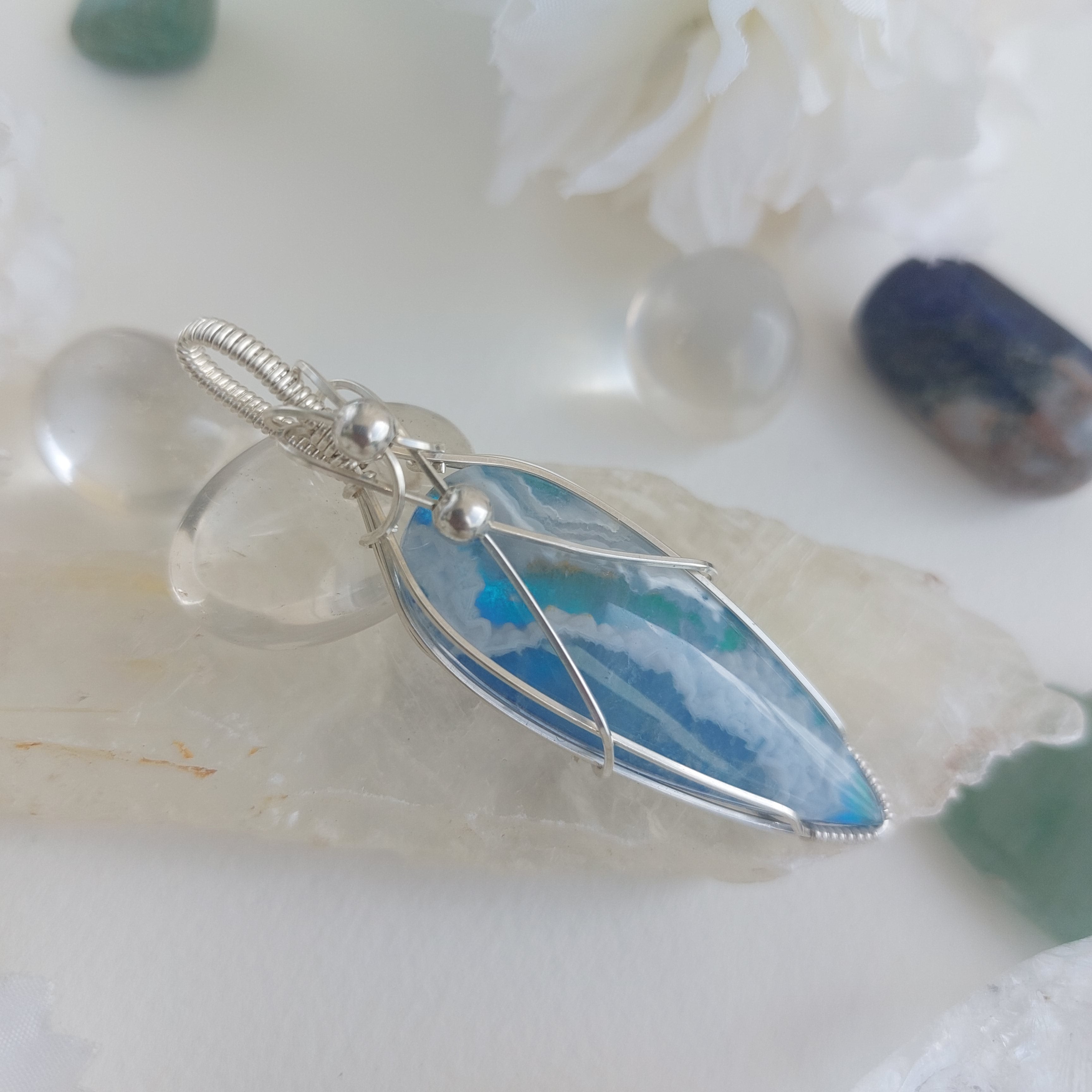 Seafoam- aurora effect- plume agate doublet sterling silver wire wrapped handmade pendant