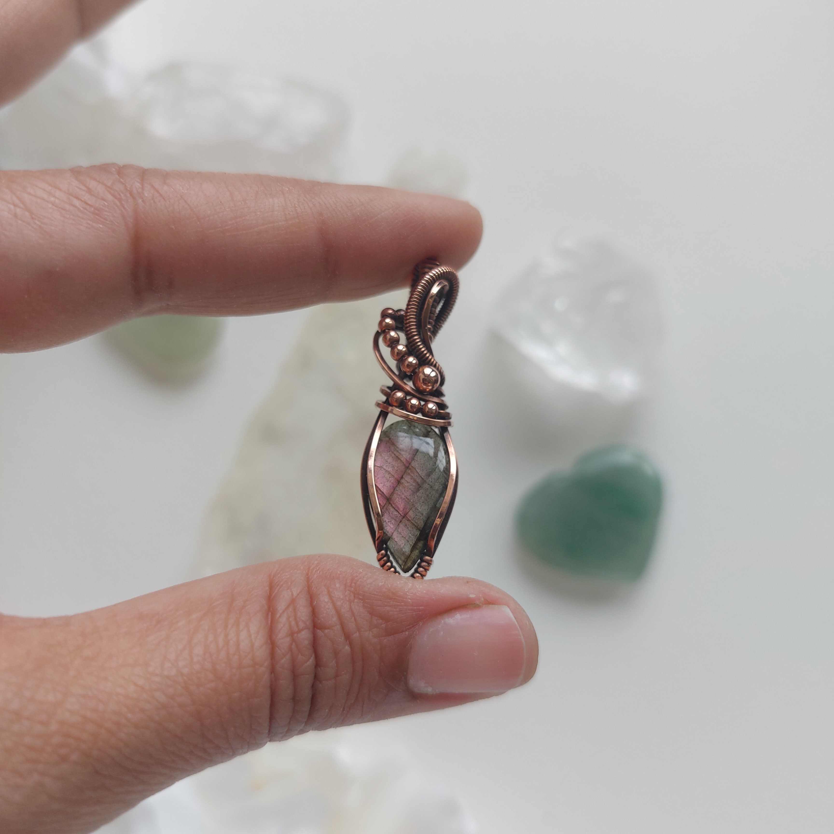Purple Labradorite wire wrapped handmade copper semi precious stone mini pendant