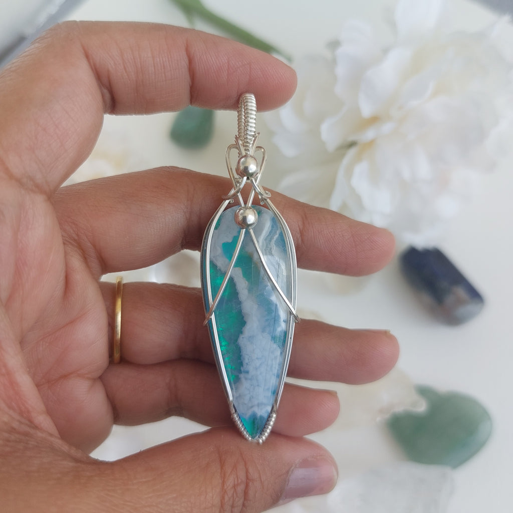 Seafoam- aurora effect- plume agate doublet sterling silver wire wrapped handmade pendant