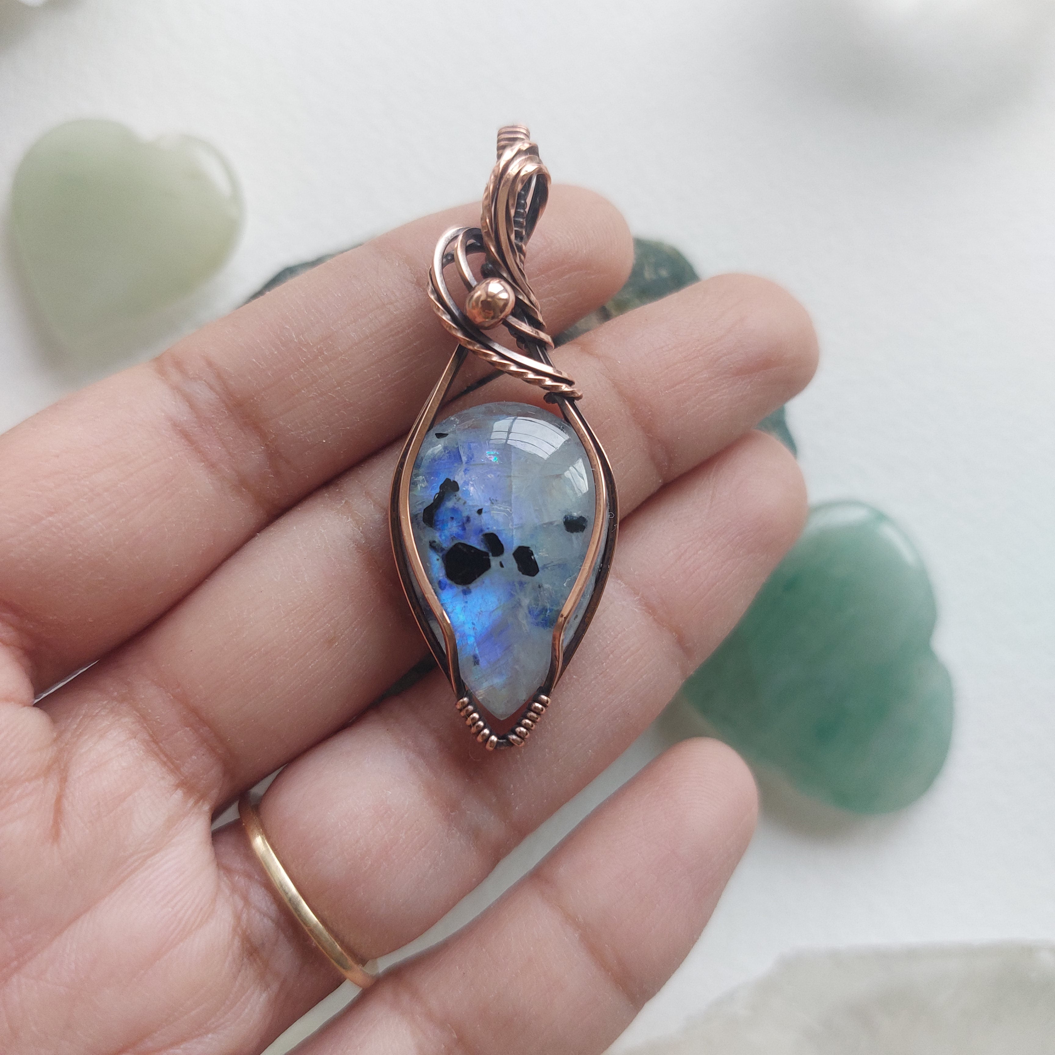 Rainbow Moonstone Copper Pendant – Handmade Wire Wrapped Crystal Jewellery