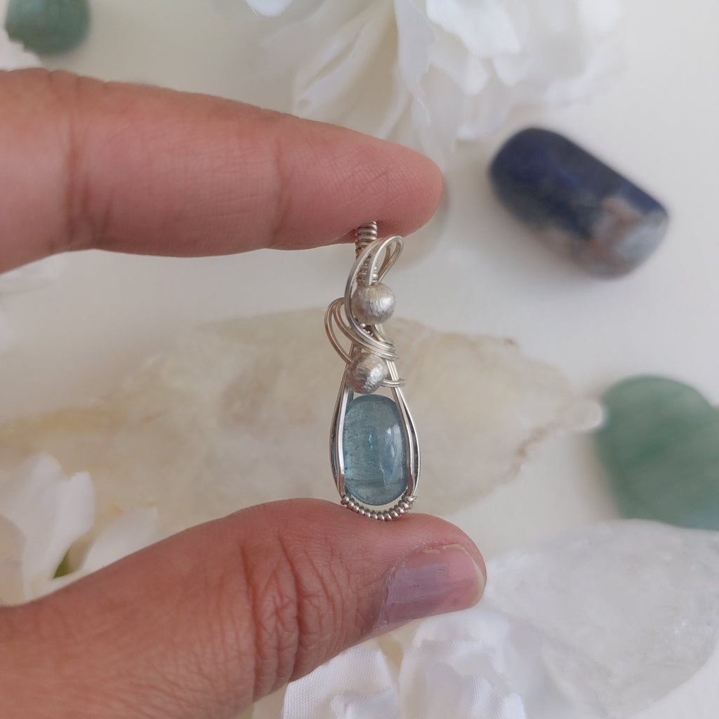 Aqua Kyanite wire wrapped handmade sterling silver pendant