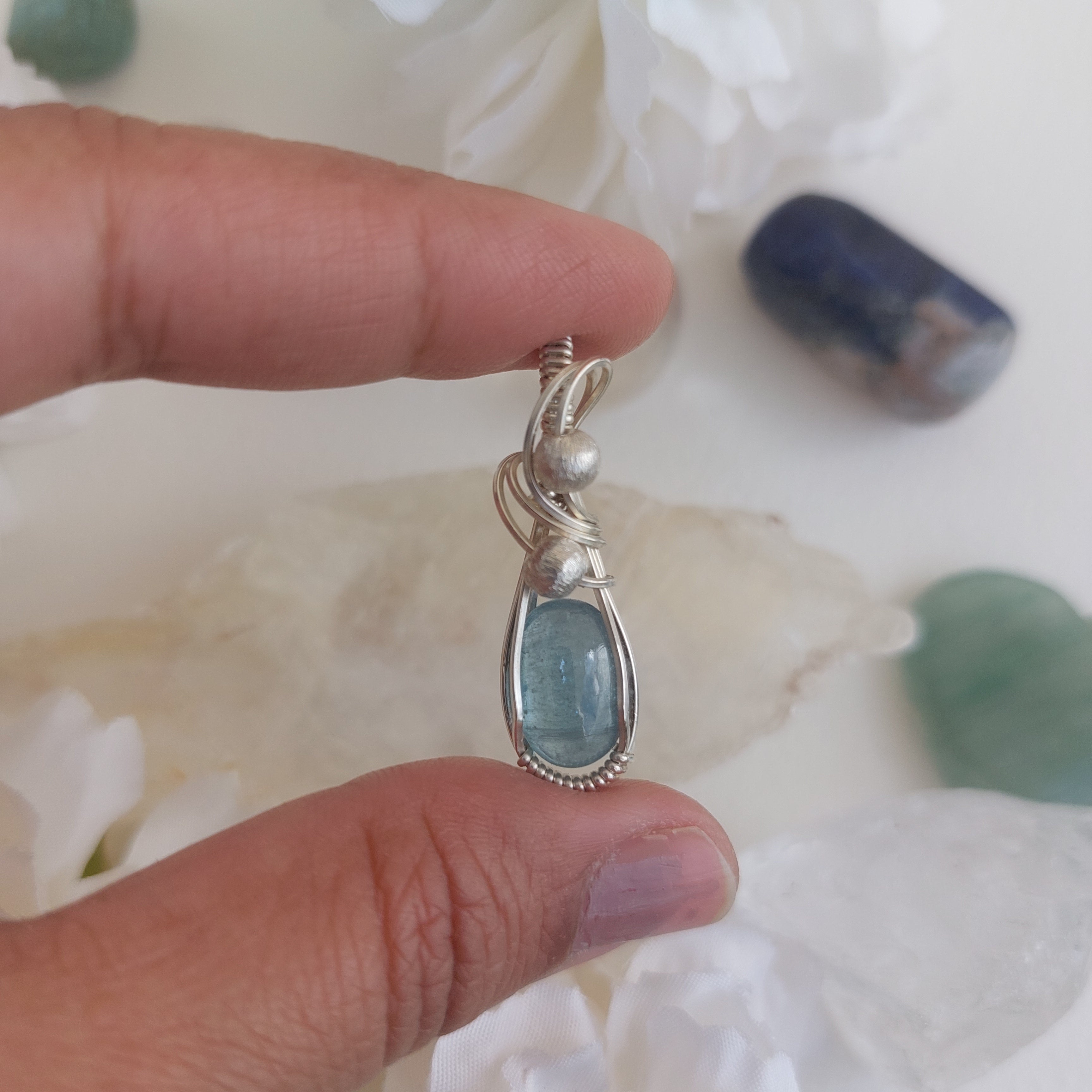 Aqua Kyanite wire wrapped handmade sterling silver pendant