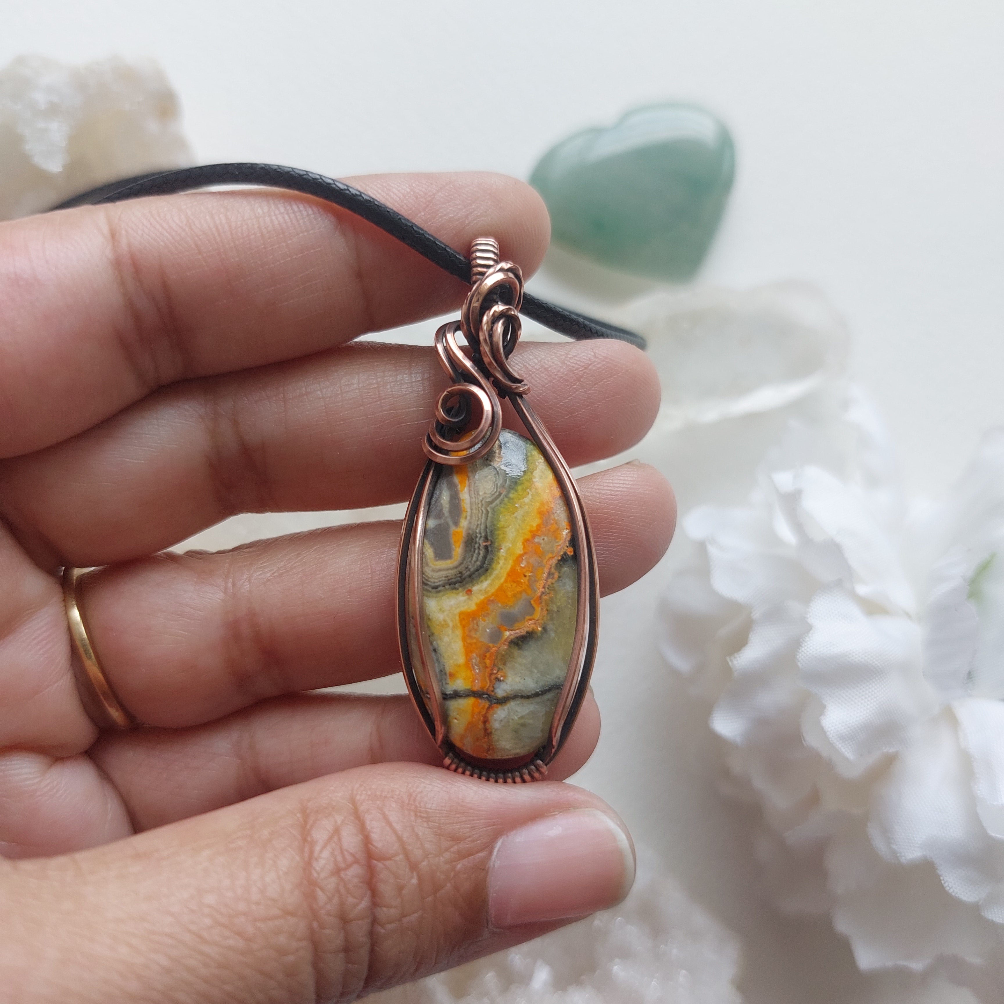 Bumblebee Jasper Copper Pendant – Handmade Bold Yellow Crystal Necklace for Energy & Positivity