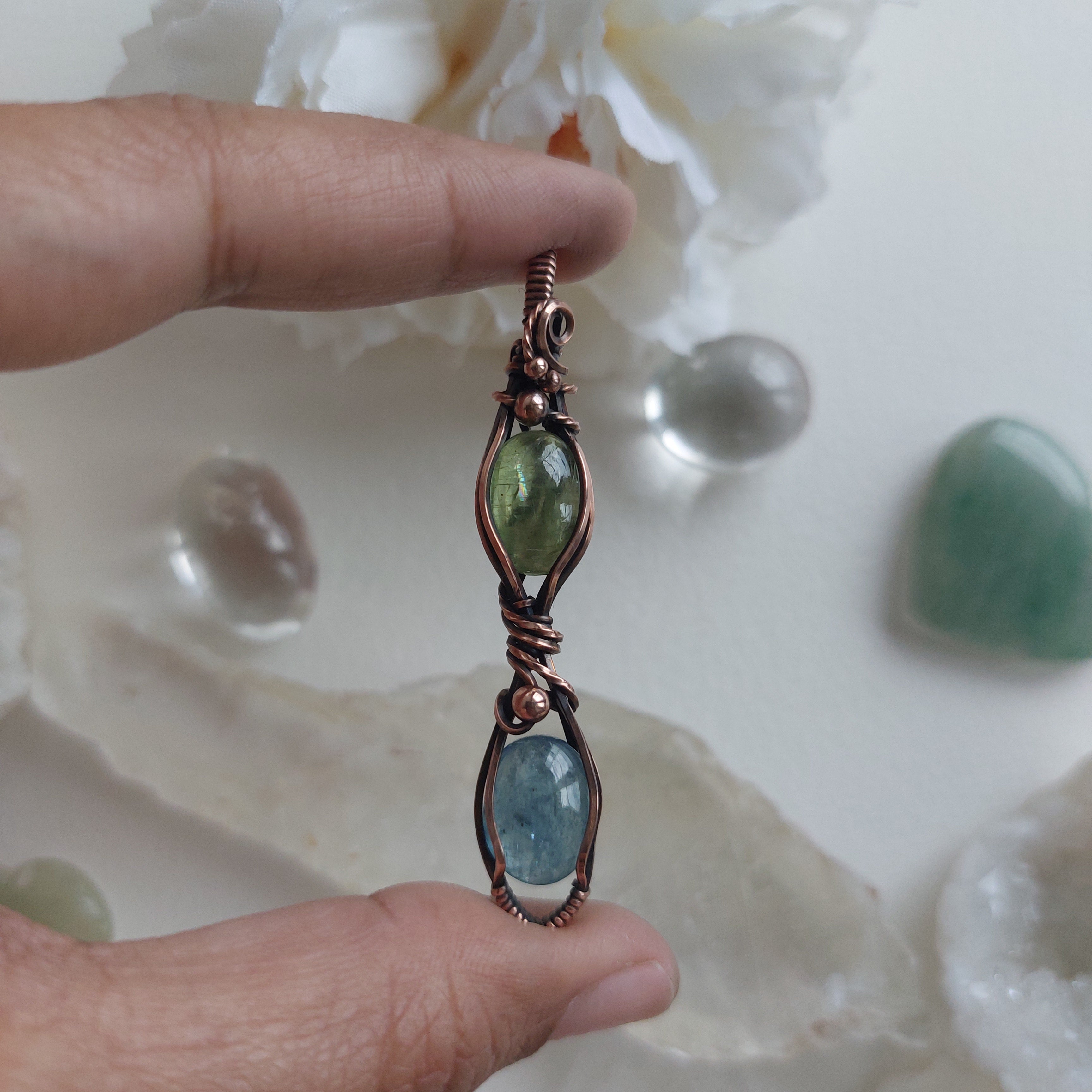 Green and Blue Kyanite Copper Pendant – Handmade Healing Crystal Necklace with Complimentary Cord