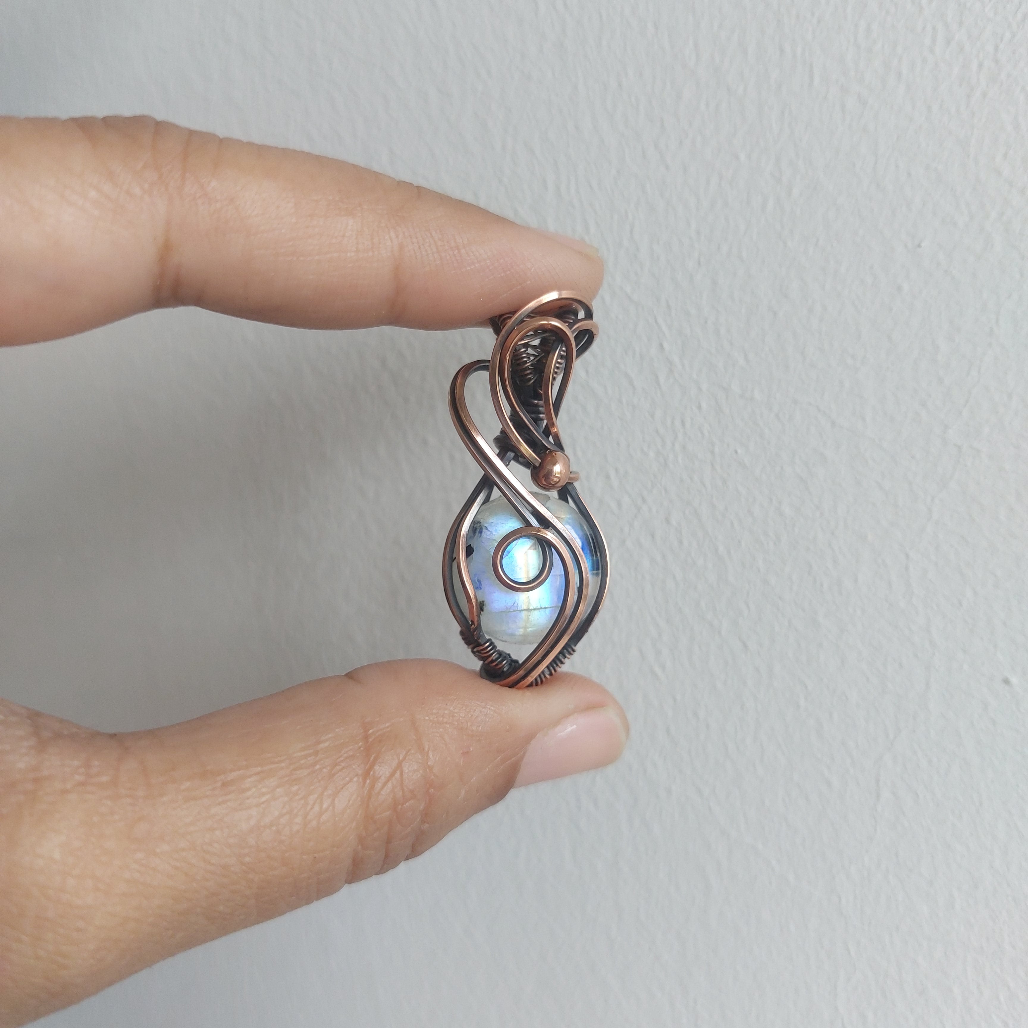 Rainbow Moonstone Copper Pendant – Handmade Wire Wrapped Crystal Jewelry