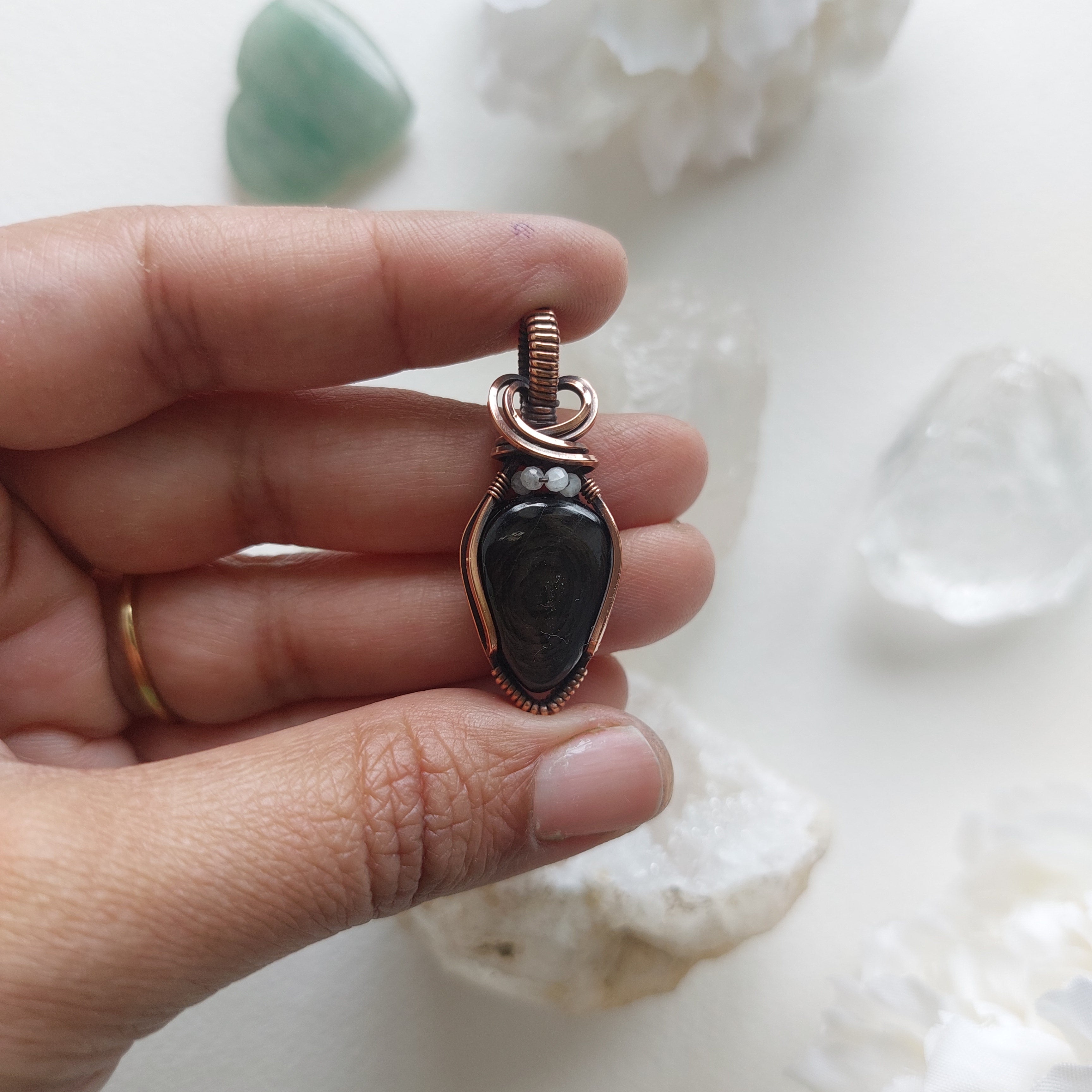 Hypersthene Pendant with Rainbow Moonstone Beads – Handmade Copper Wire Wrapped Jewelry