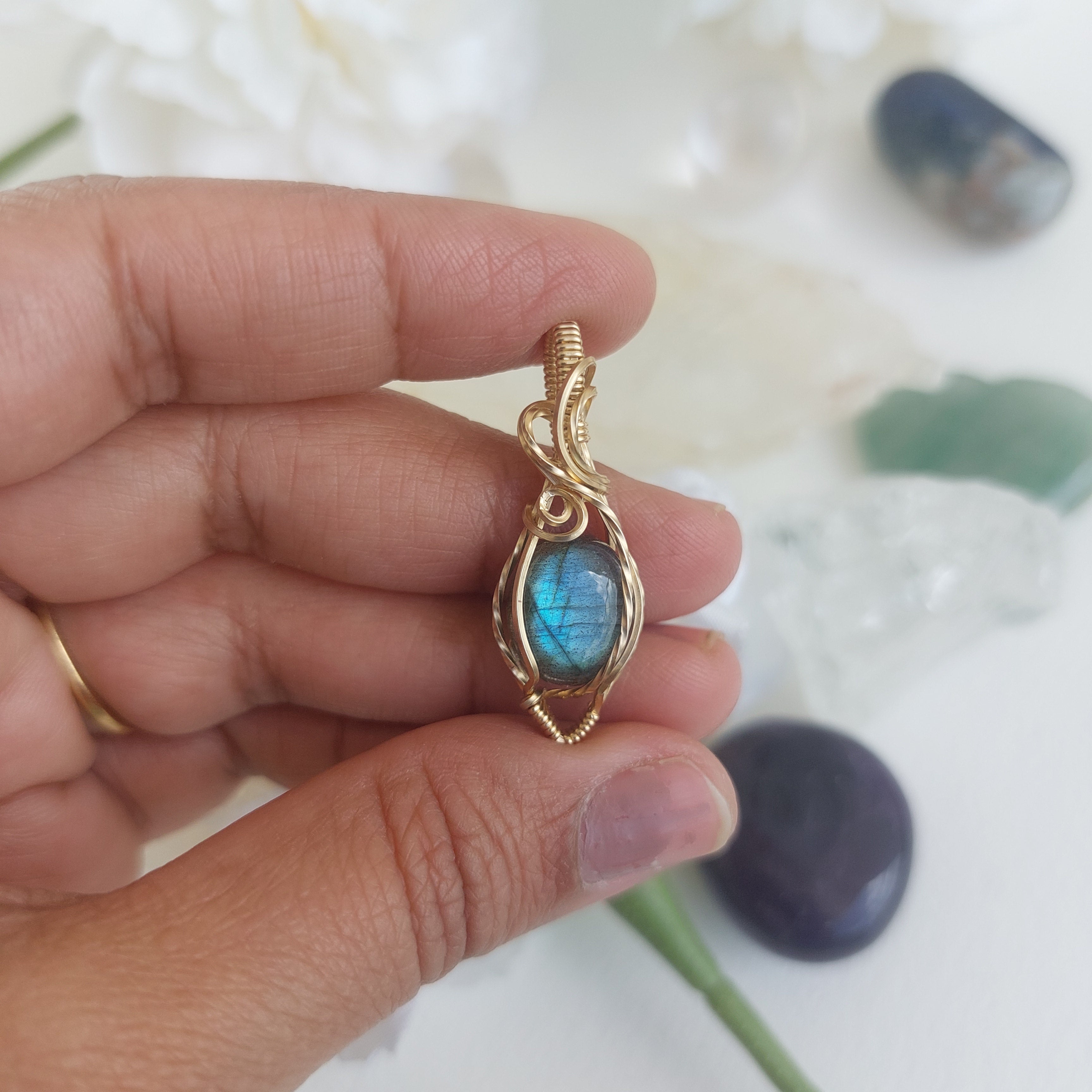 Blue flash labradorite wire wrapped handmade gold-filled pendant