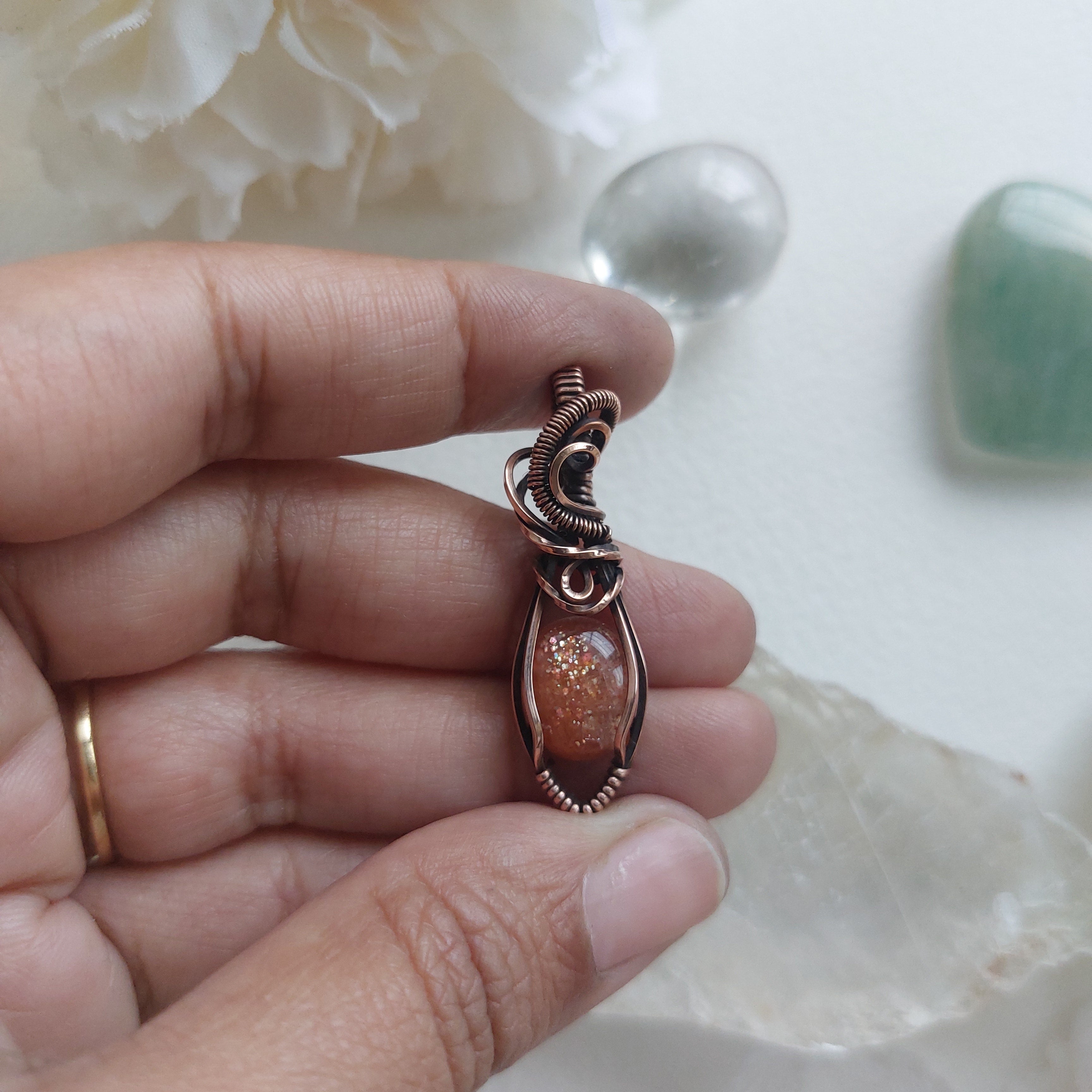 Sunstone Copper mini Wire Wrapped Pendant – Handmade Crystal Necklace for Joy, Confidence & Positive Energy