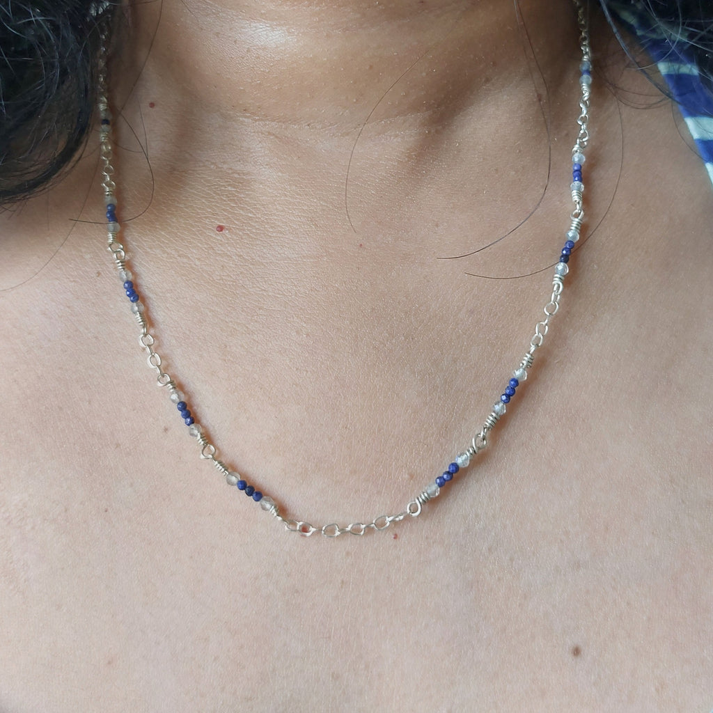 Lapis lazuli- Labradorite sterling silver wire wrapped handmade beaded chain