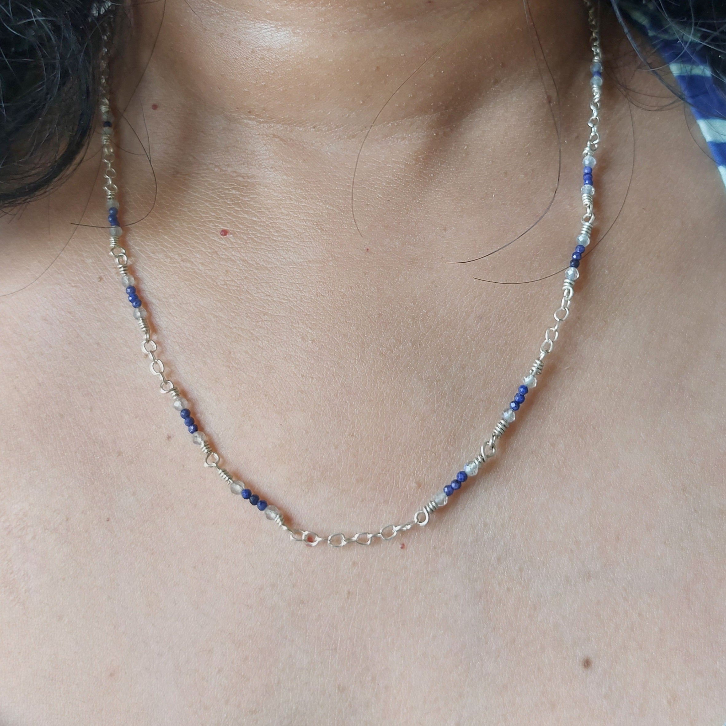 Lapis lazuli- Labradorite sterling silver wire wrapped handmade beaded chain