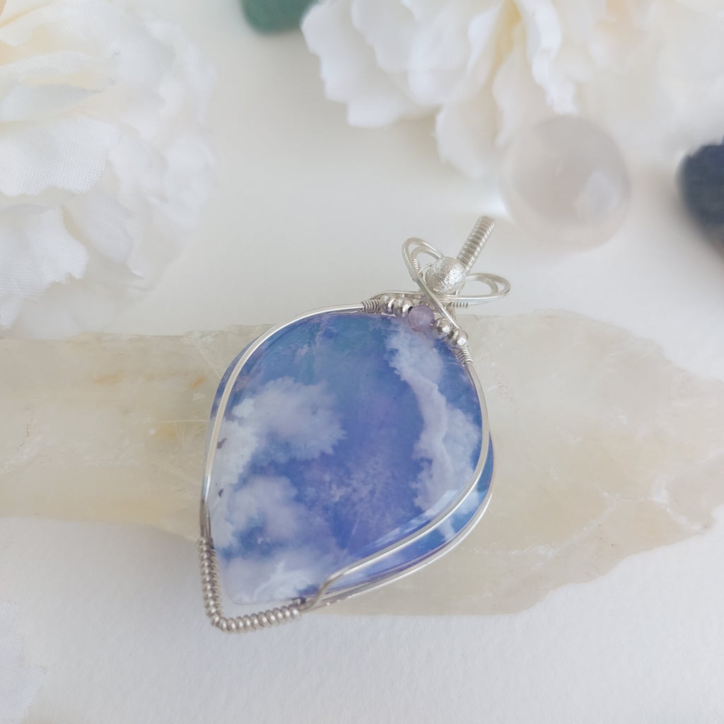 A piece of sky- aurora effect- plume agate doublet sterling silver wire wrapped handmade pendant