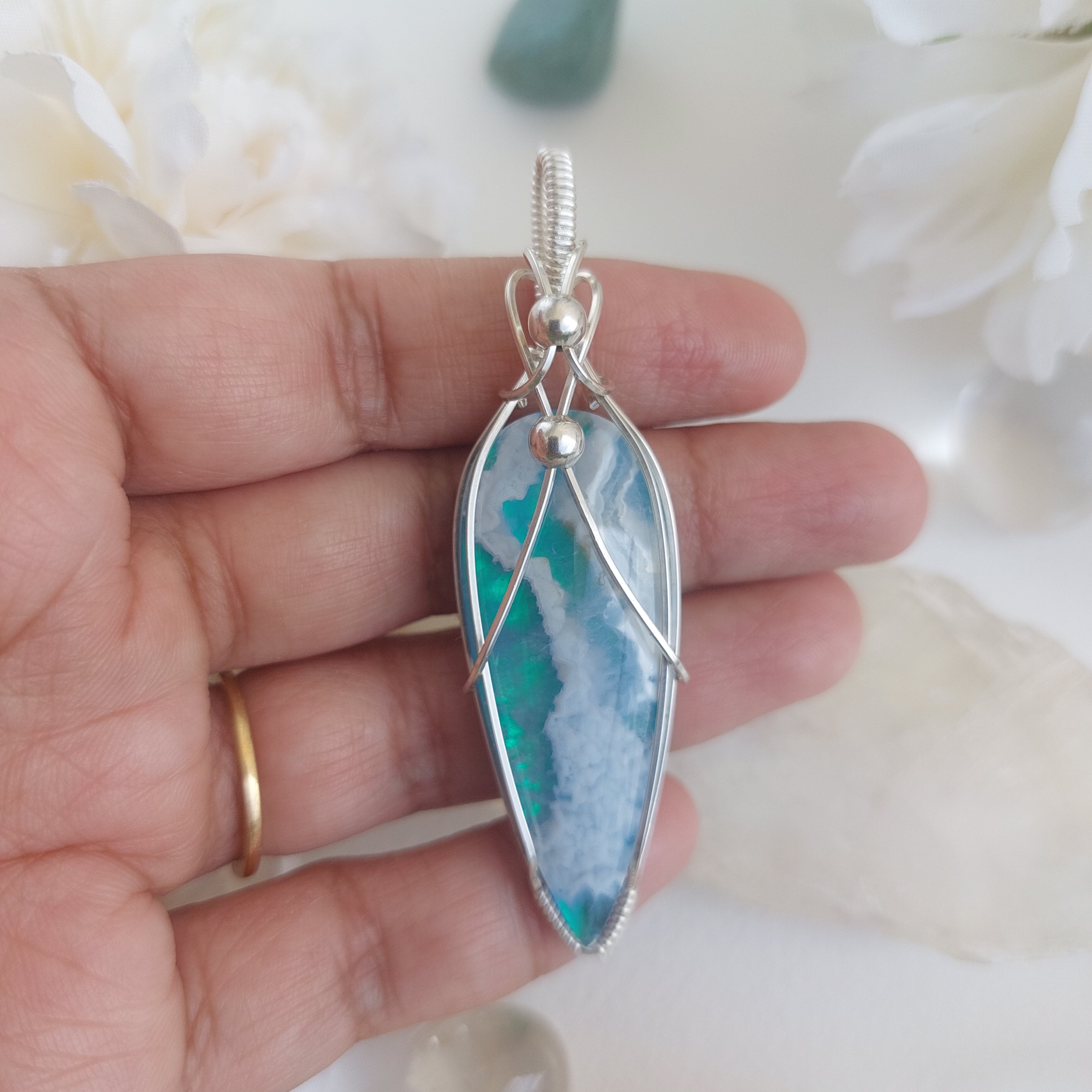 Seafoam- aurora effect- plume agate doublet sterling silver wire wrapped handmade pendant
