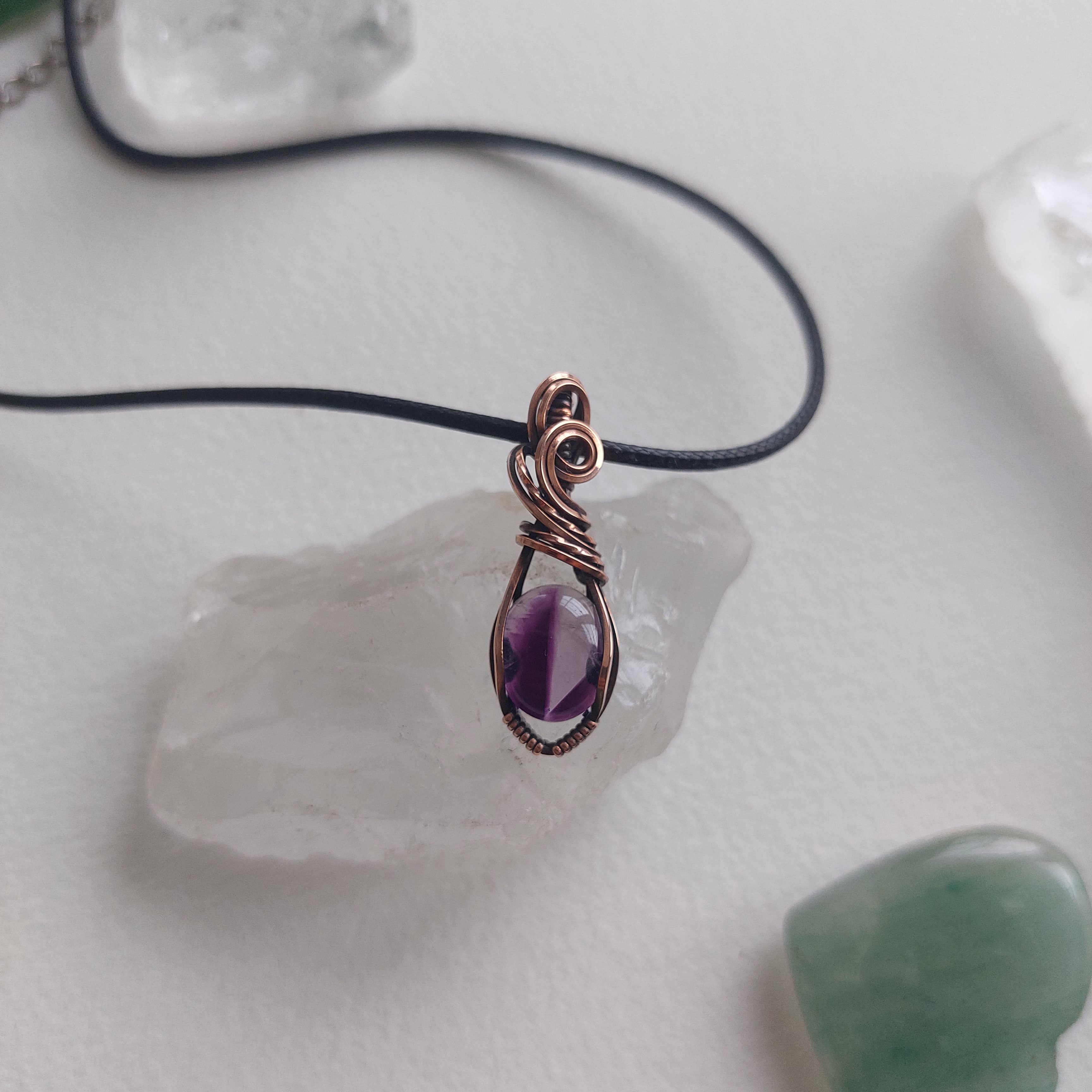 Mini Trapiche Amethyst Copper Wire Wrapped Pendant – Small Crystal Necklace for Calm, Clarity & Protection