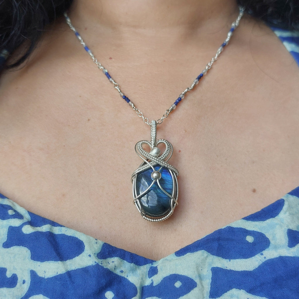 Blue flash labradorite wire wrapped handmade sterling silver pendant