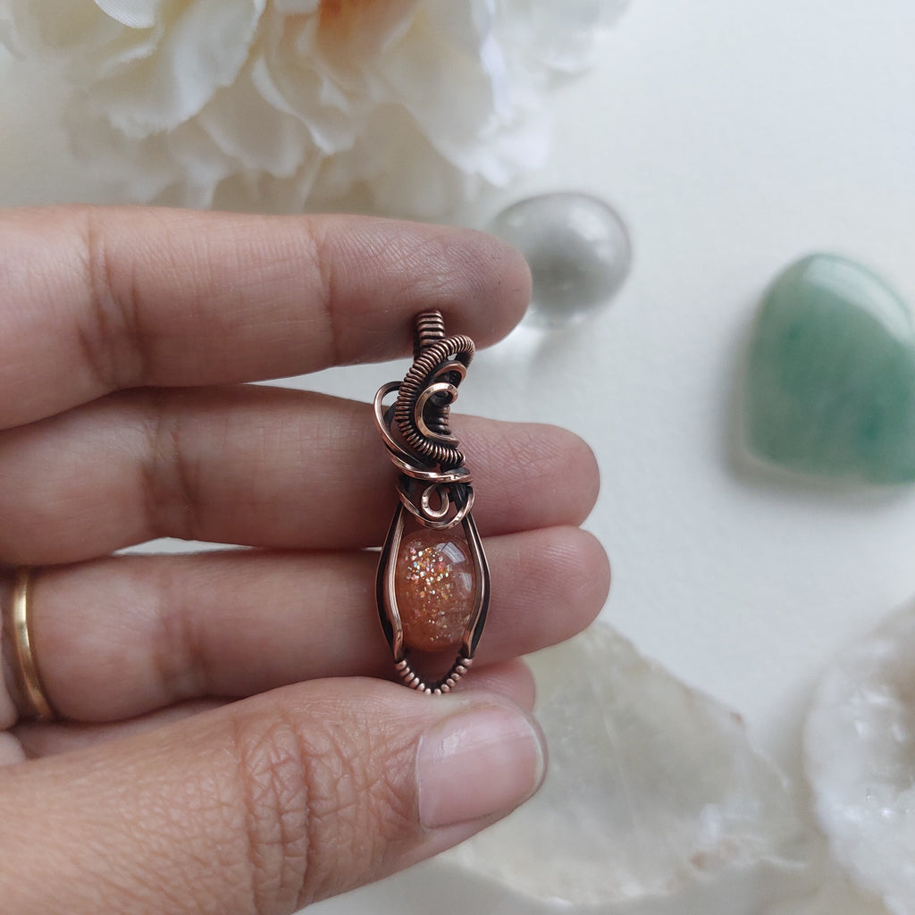 Sunstone Copper mini Wire Wrapped Pendant – Handmade Crystal Necklace for Joy, Confidence & Positive Energy