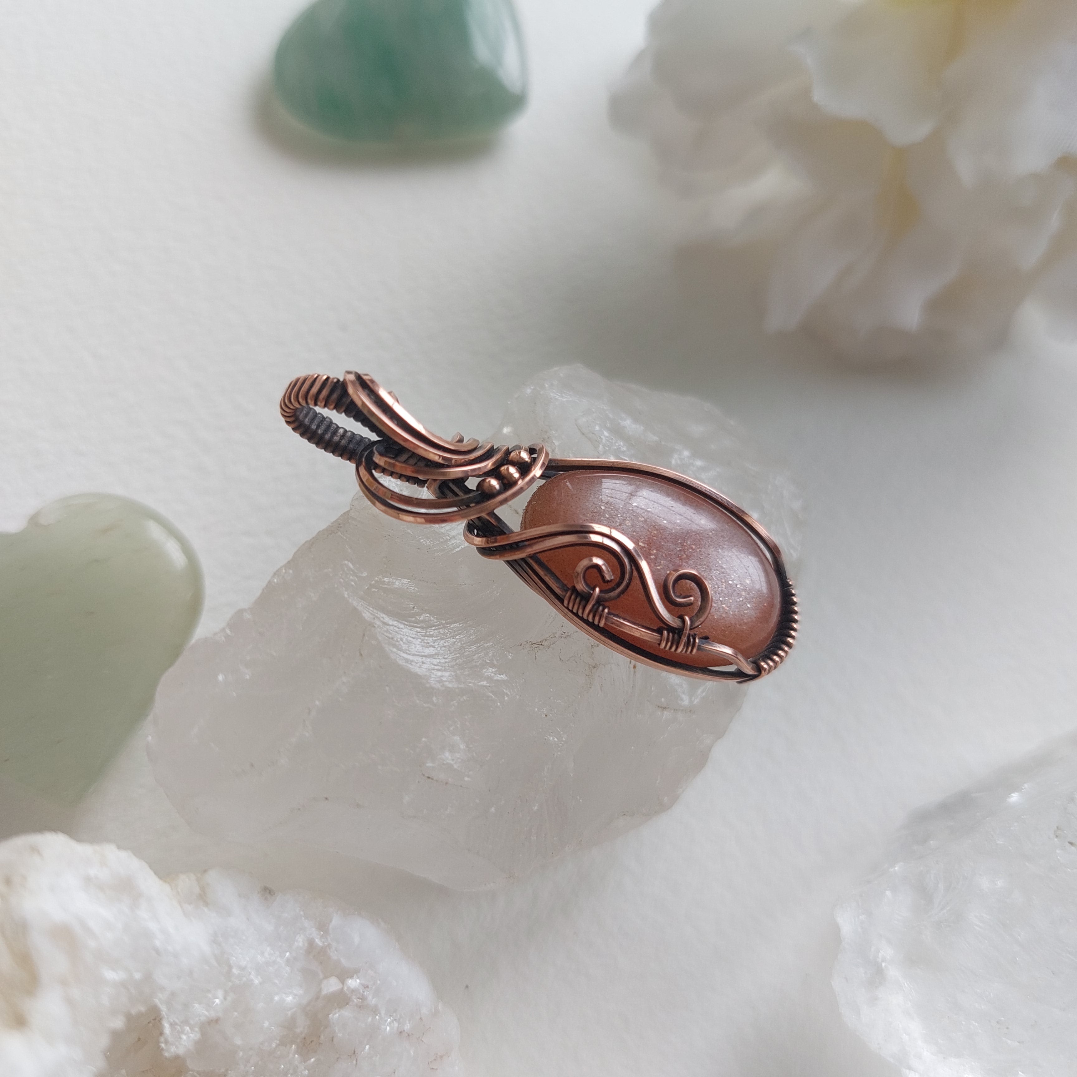 Peach moonstone with sunstone inclusions- wire wrapped copper handmade crystal pendant