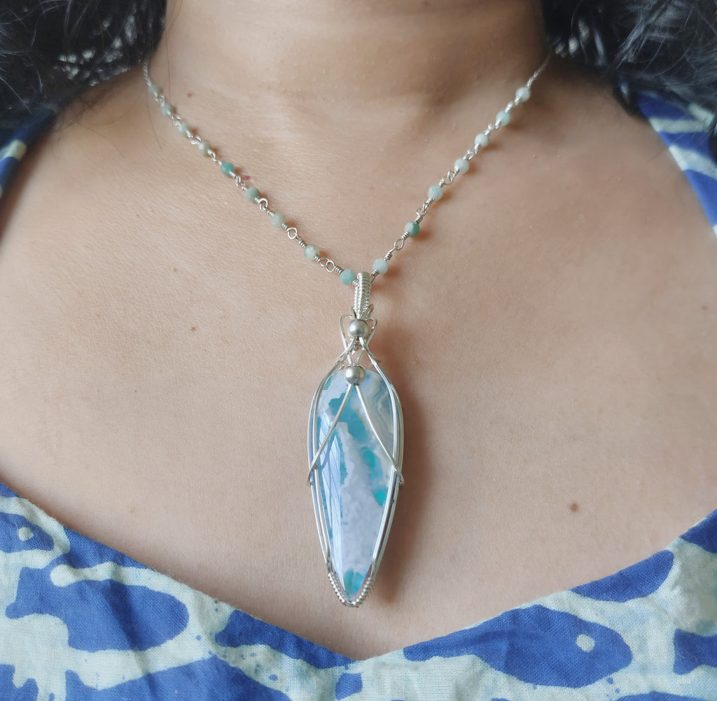 Amazonite wire wrapped handmade sterling silver beaded chain