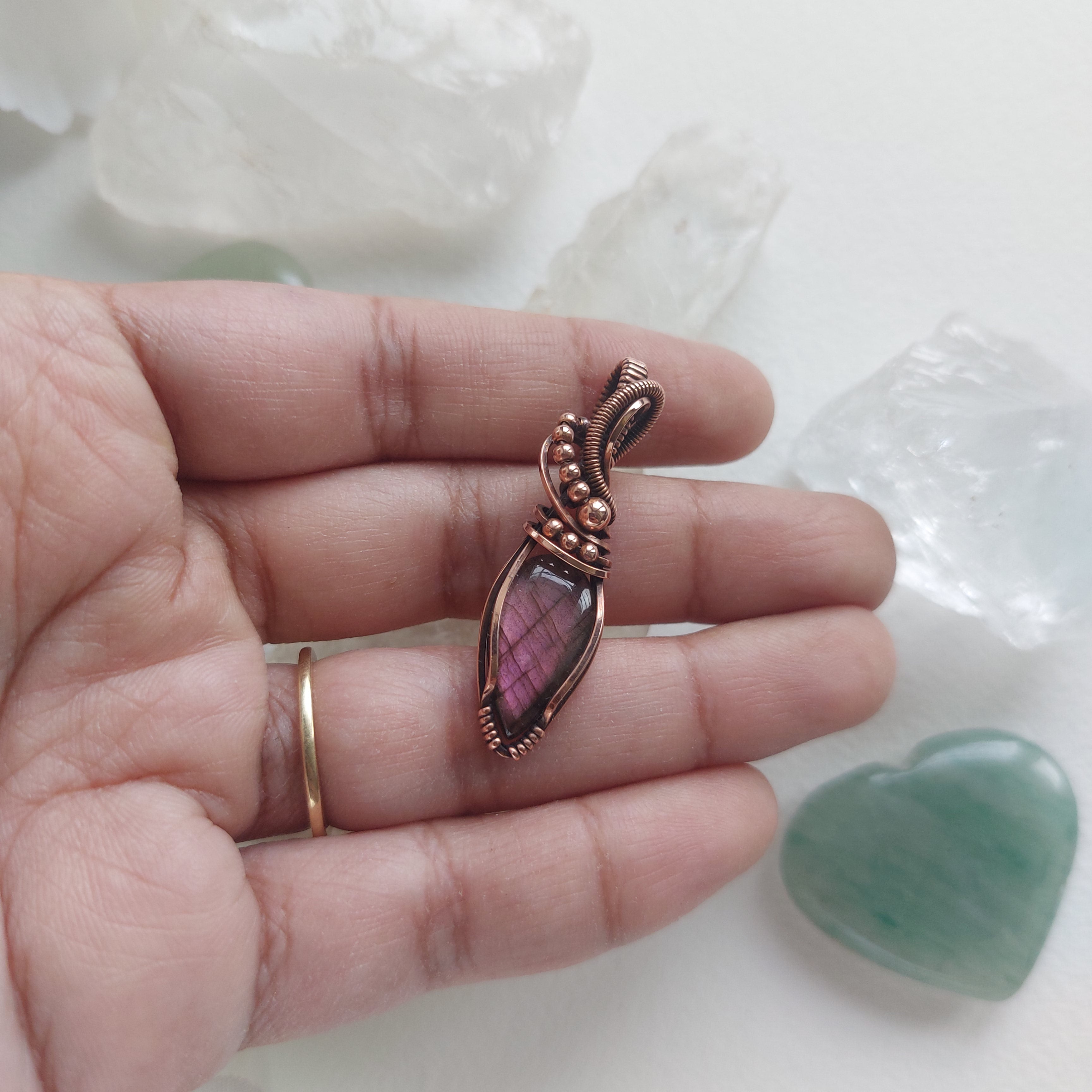 Purple Labradorite wire wrapped handmade copper semi precious stone mini pendant