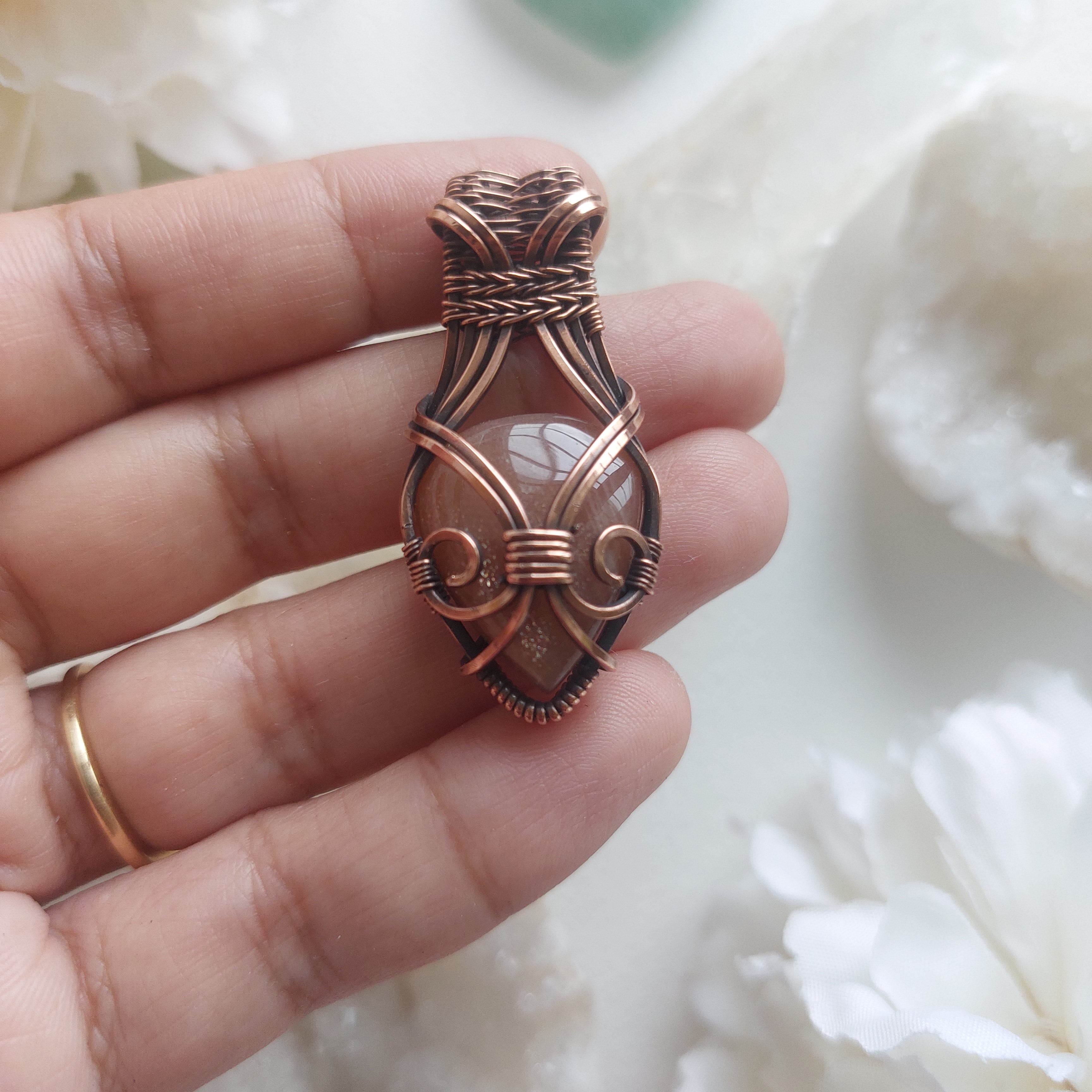 Peach moonstone handmade copper wire wrapped copper pendant