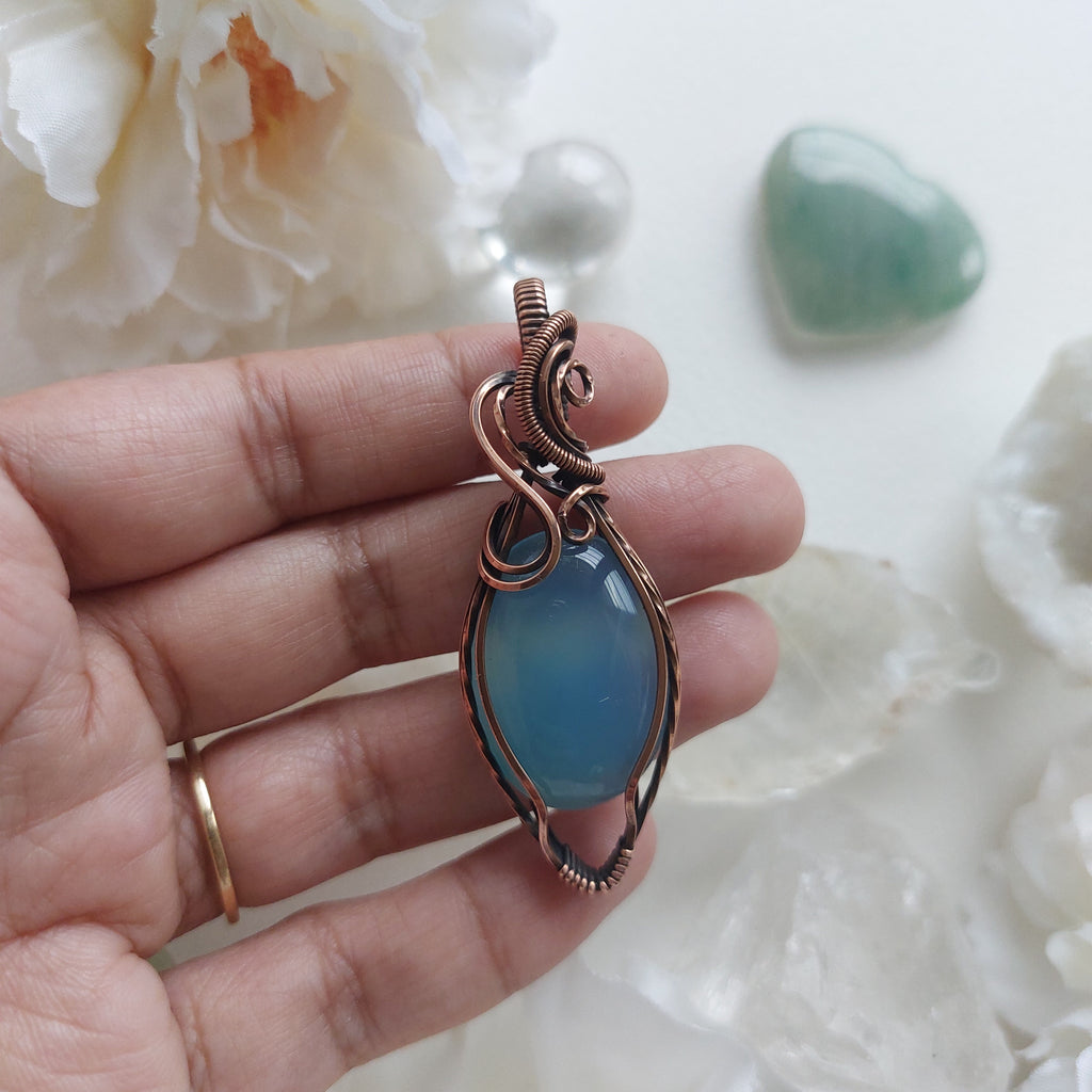 Handmade Blue Chalcedony Pendant in Copper – Healing Gemstone Necklace for Peace & Balance