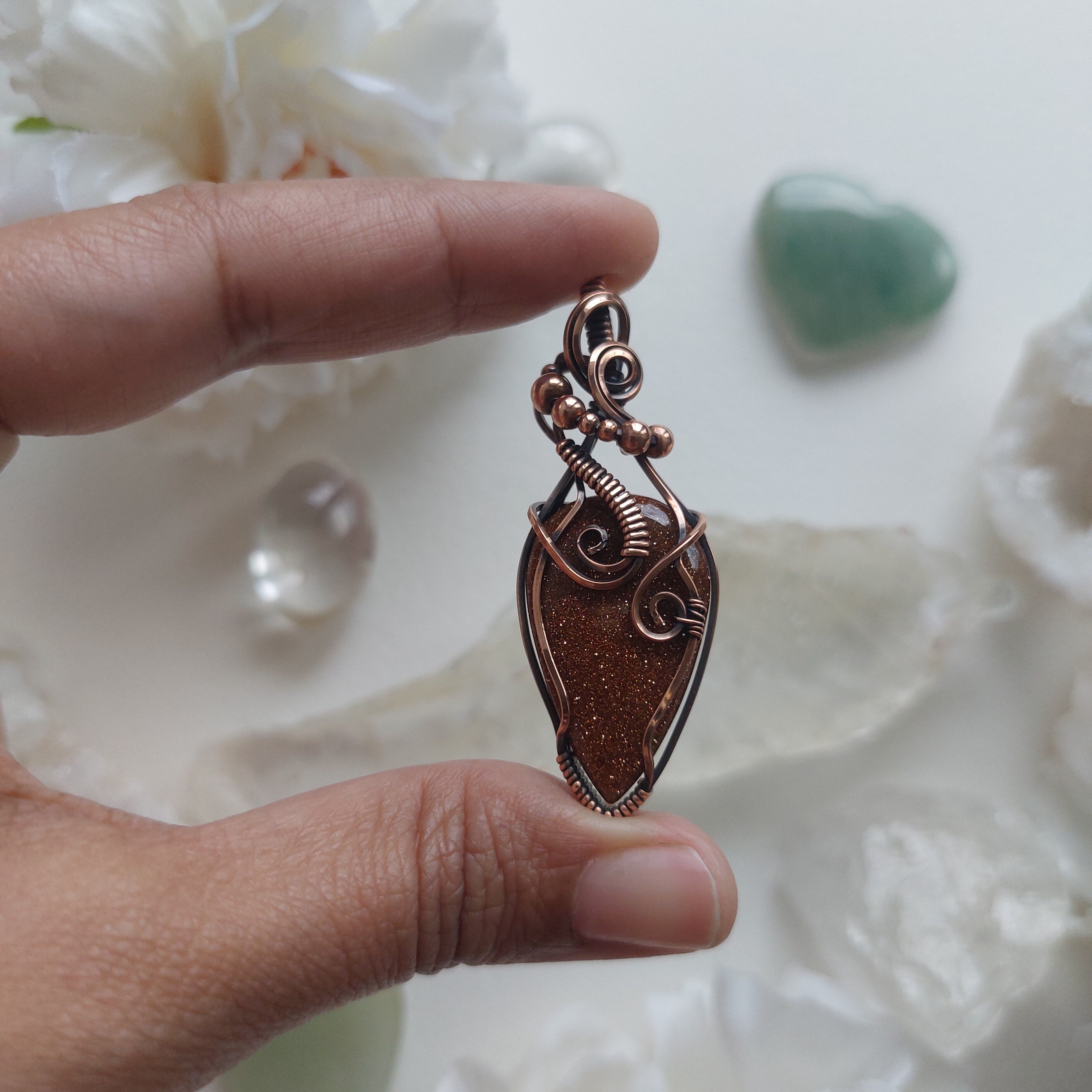Goldstone (manmade stone) Copper Wire Wrapped pendant