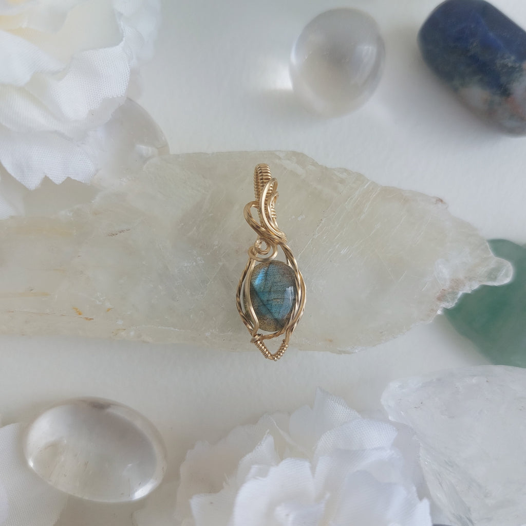 Blue flash labradorite wire wrapped handmade gold-filled pendant