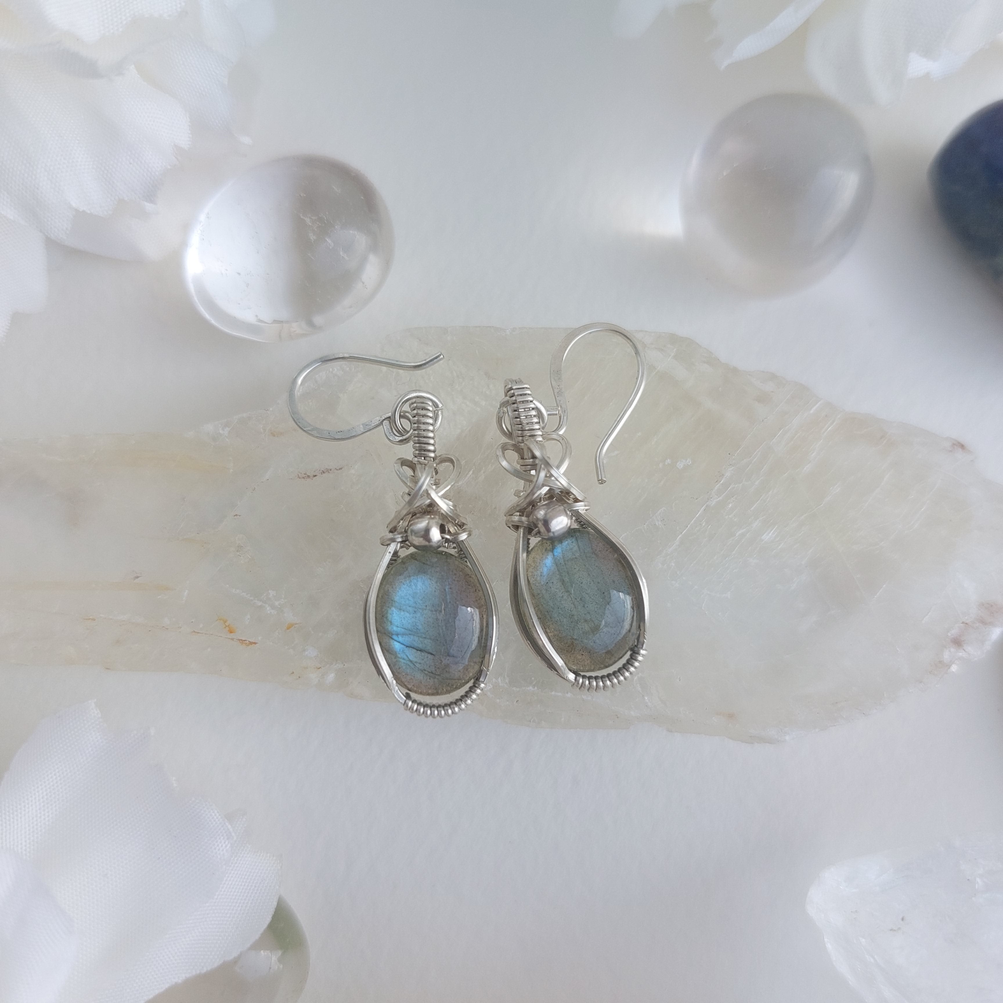 Blue flash labradorite handmade wirewrapped earrings
