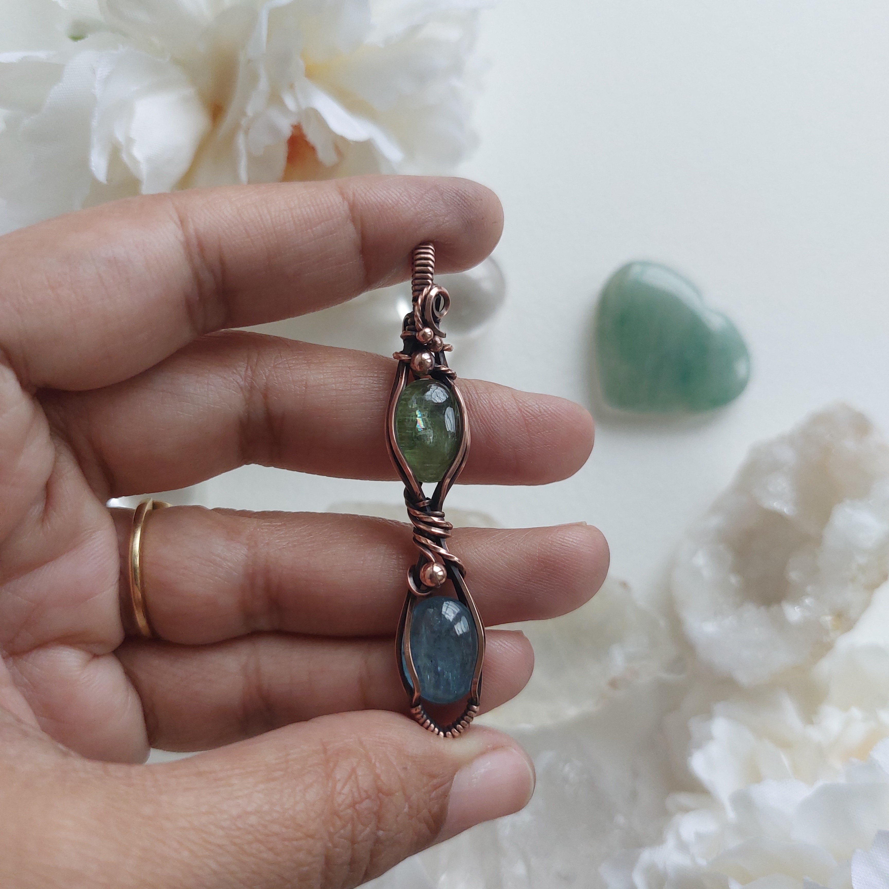 Green and Blue Kyanite Copper Pendant – Handmade Healing Crystal Necklace with Complimentary Cord
