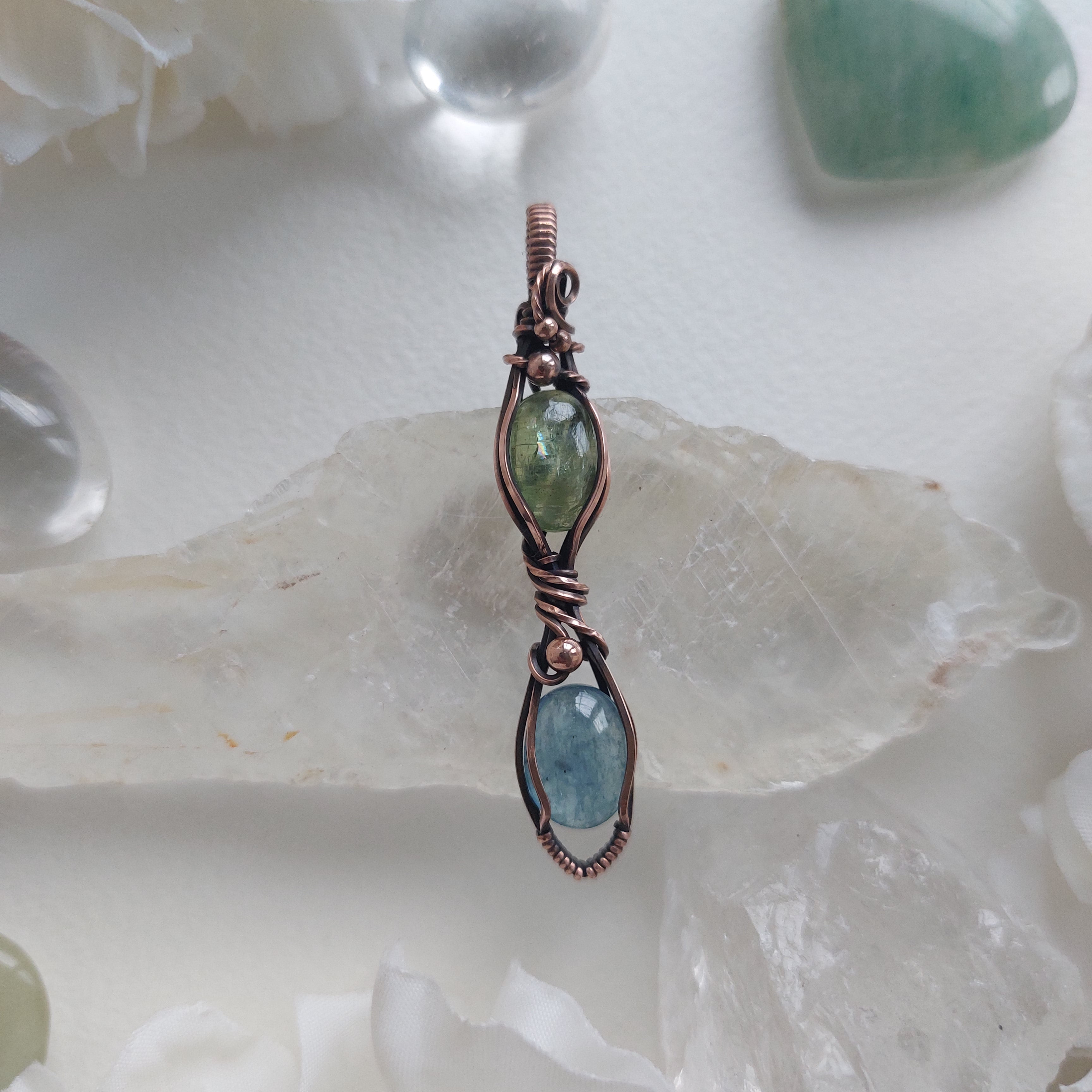 Green and Blue Kyanite Copper Pendant – Handmade Healing Crystal Necklace with Complimentary Cord