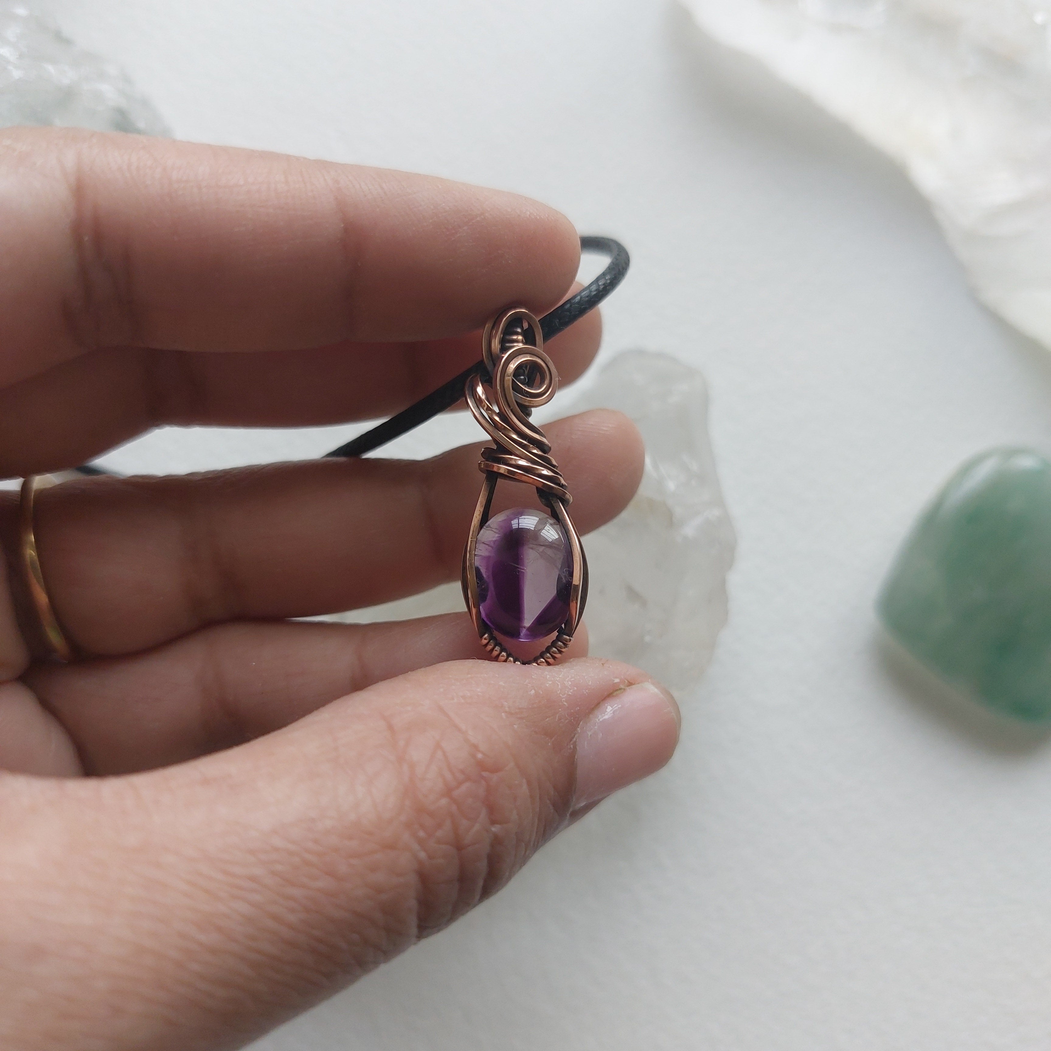 Mini Trapiche Amethyst Copper Wire Wrapped Pendant – Small Crystal Necklace for Calm, Clarity & Protection