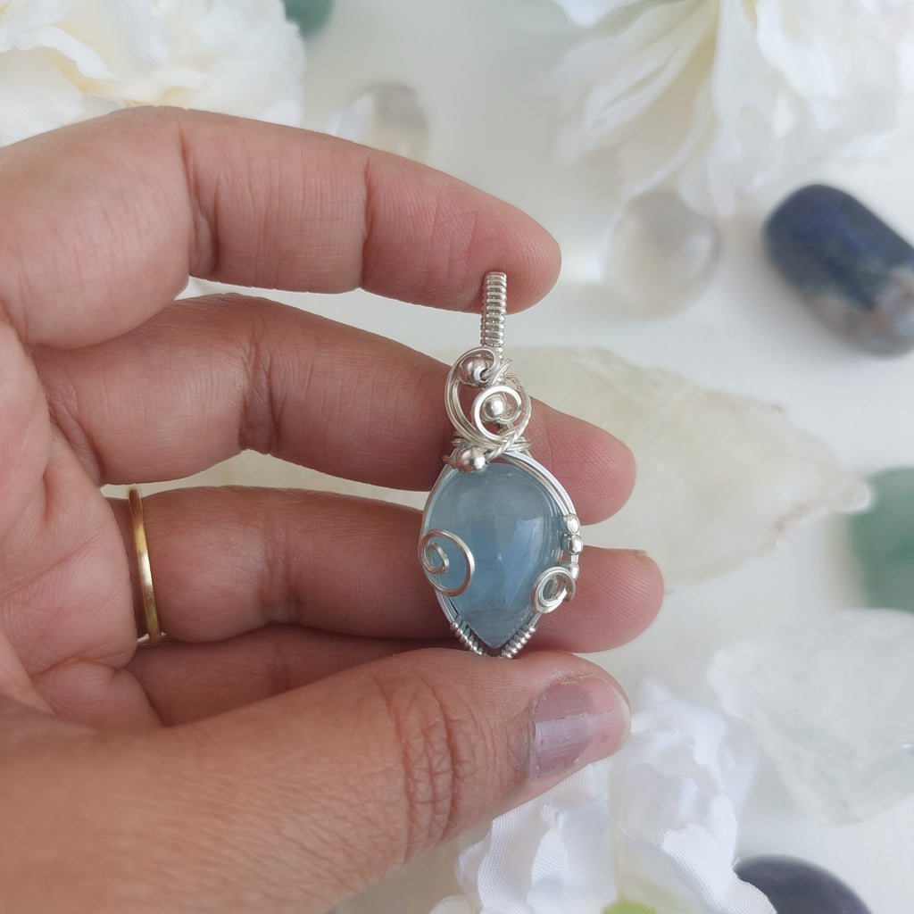 Aquamarine sterling silver wire wrapped handmade sterling silver pendant