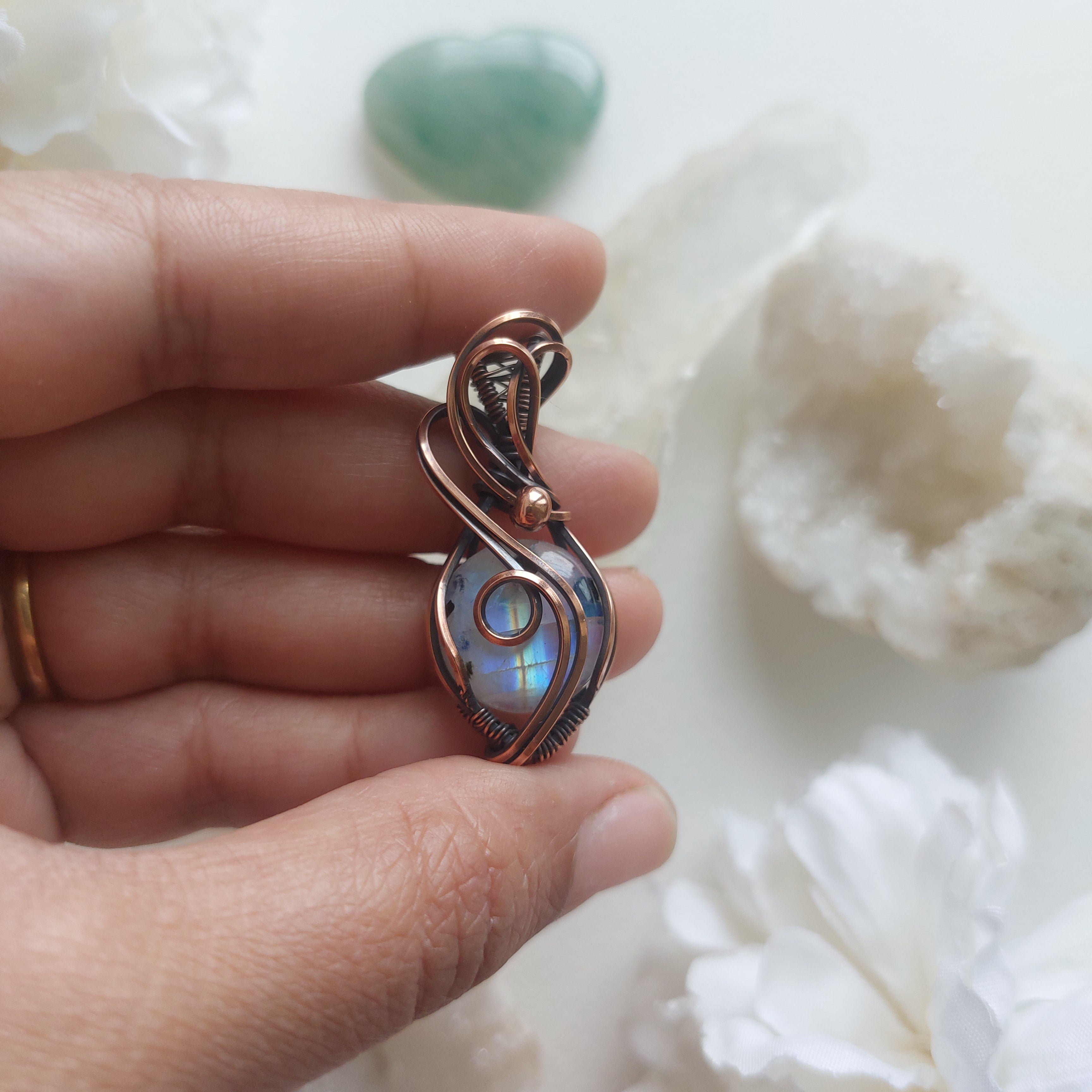 Rainbow Moonstone Copper Pendant – Handmade Wire Wrapped Crystal Jewelry