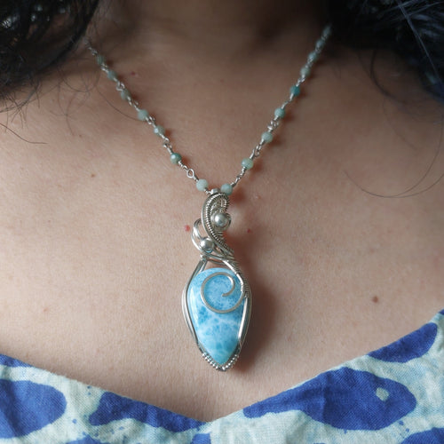 Amazonite wire wrapped handmade sterling silver beaded chain