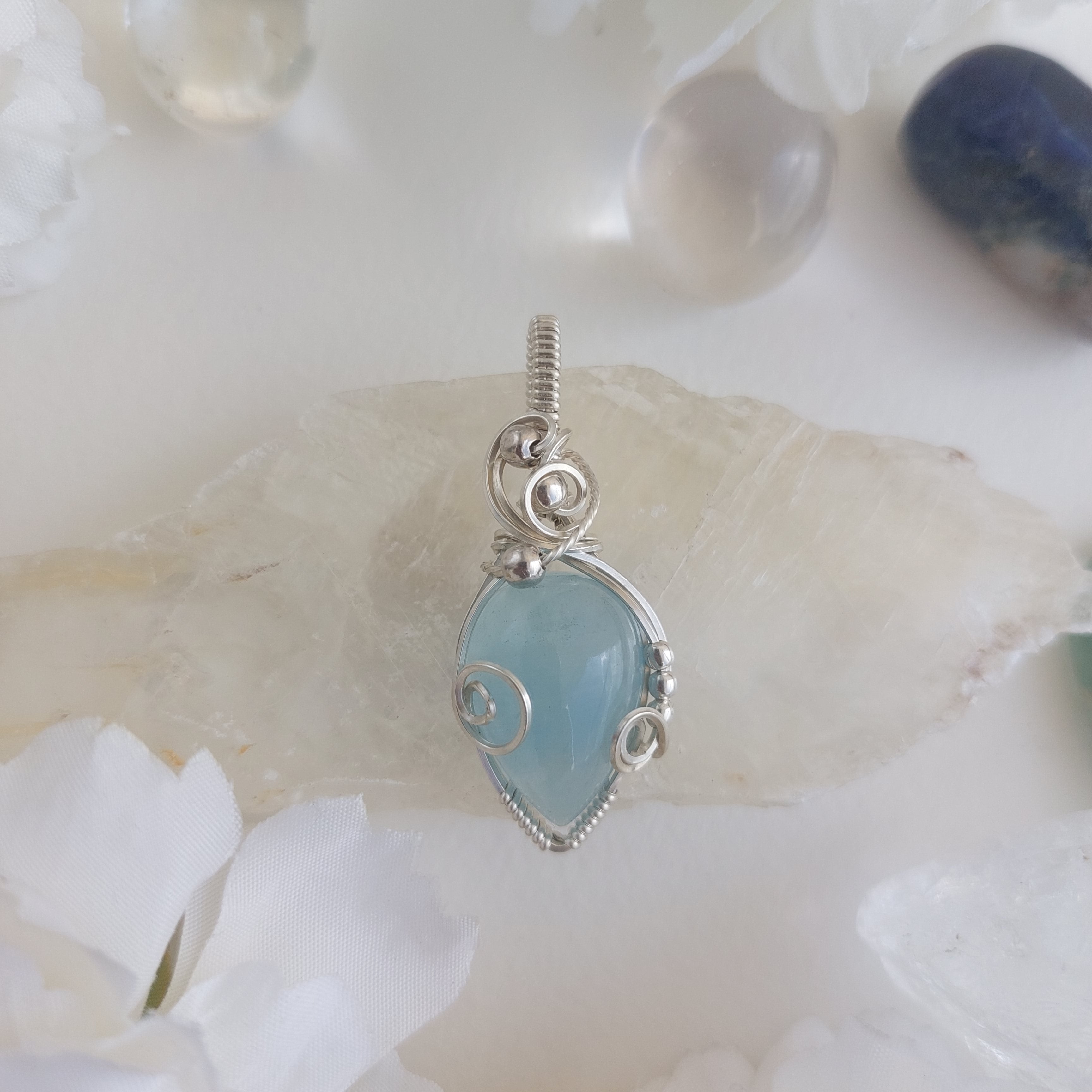 Aquamarine sterling silver wire wrapped handmade sterling silver pendant