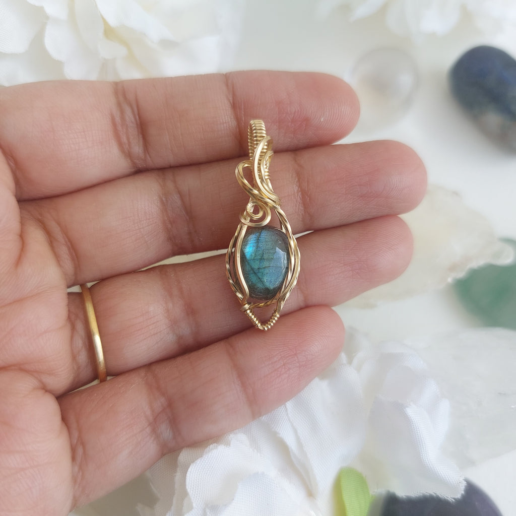 Blue flash labradorite wire wrapped handmade gold-filled pendant