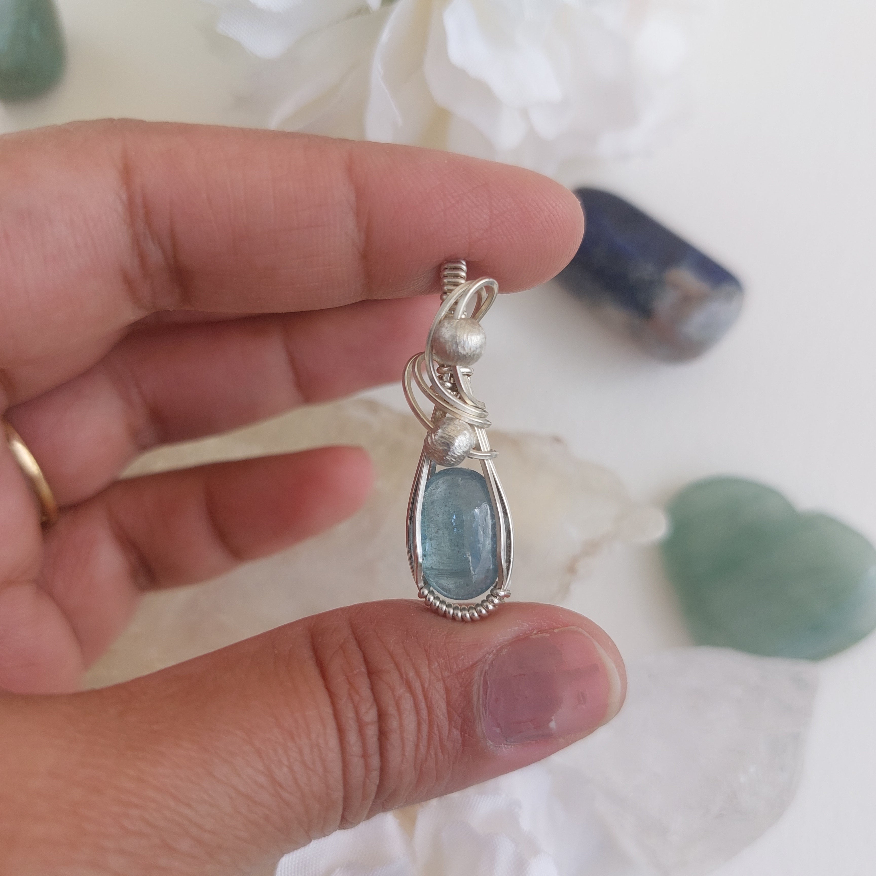 Aqua Kyanite wire wrapped handmade sterling silver pendant