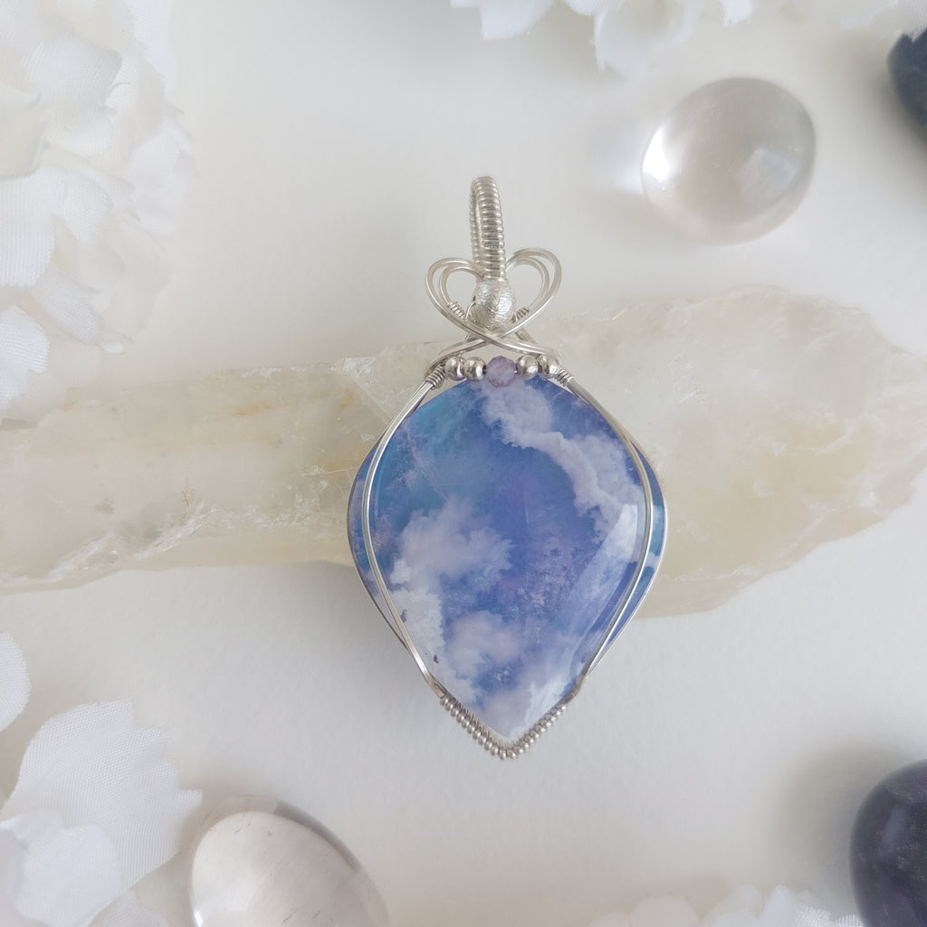 A piece of sky- aurora effect- plume agate doublet sterling silver wire wrapped handmade pendant